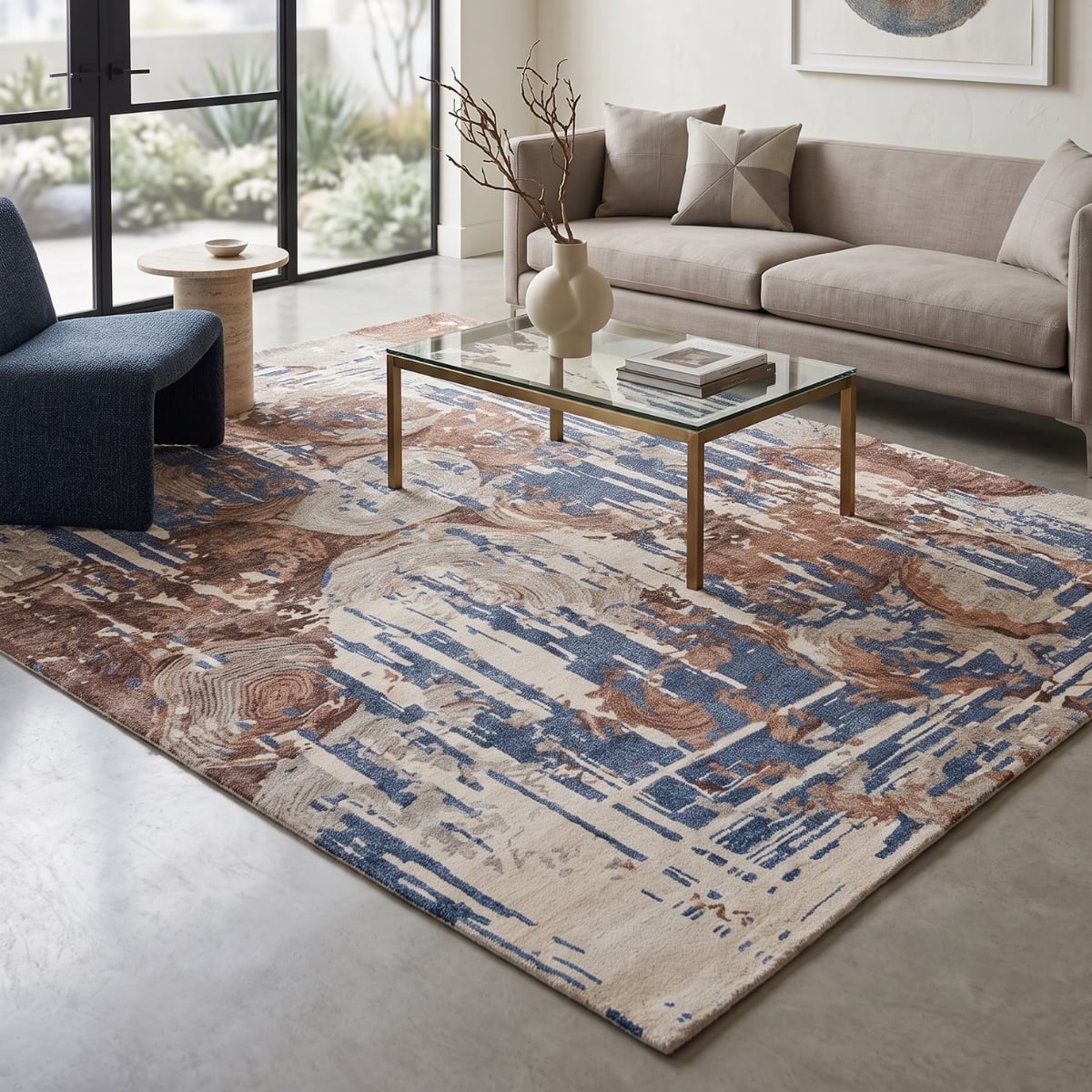 Ivory Blue Brown Abstract Wool Silk Hand Tufted Area Rug for Living Room Bedroom 4x6