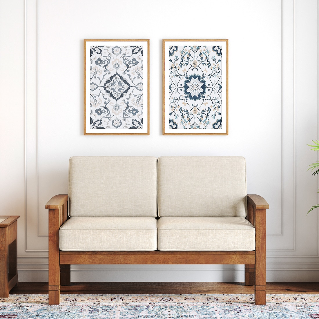 Raynor 2 Seater Wooden Sofa, Finish- Amber Walnut, Fabric- Macadamia Brown