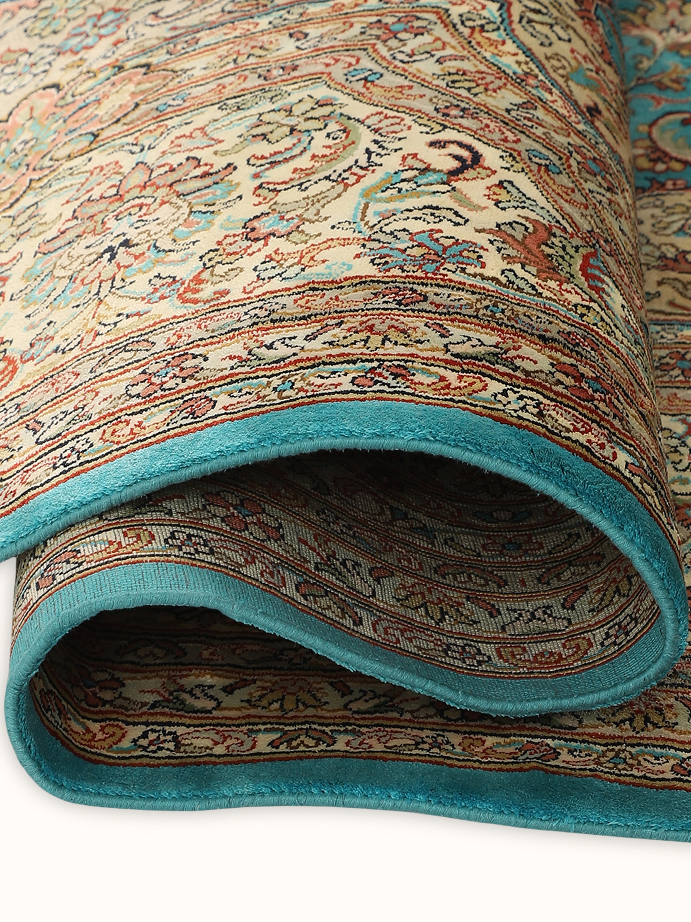 Traditional Persian Blue Tabriz Kashmir Silk Hand-knotted Rug