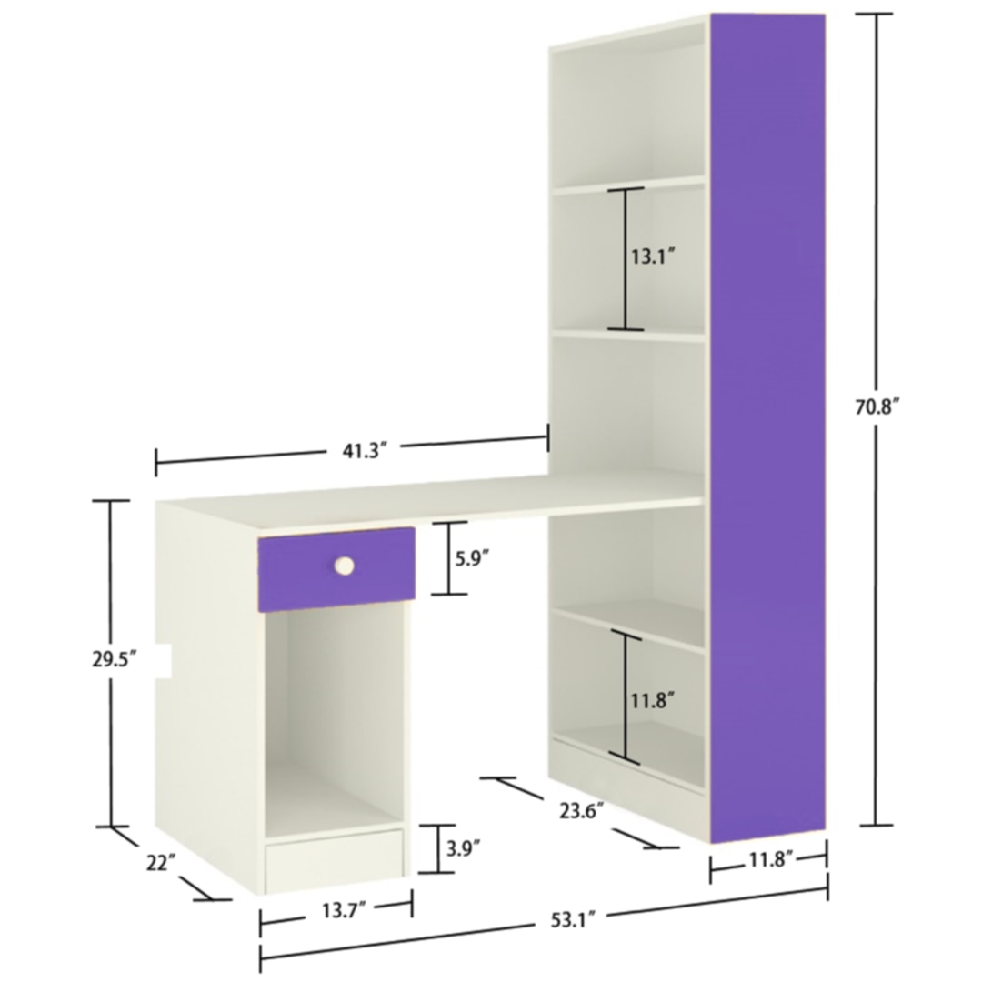 Austin Study Desk with Drawer and Built In Bookshelf in Lavender Purple Colour
