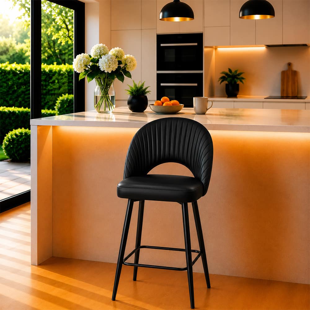 Doe Buck Faux Leather Counter Height Bar Stool in Black Colour with Black Legs - Doe Buck