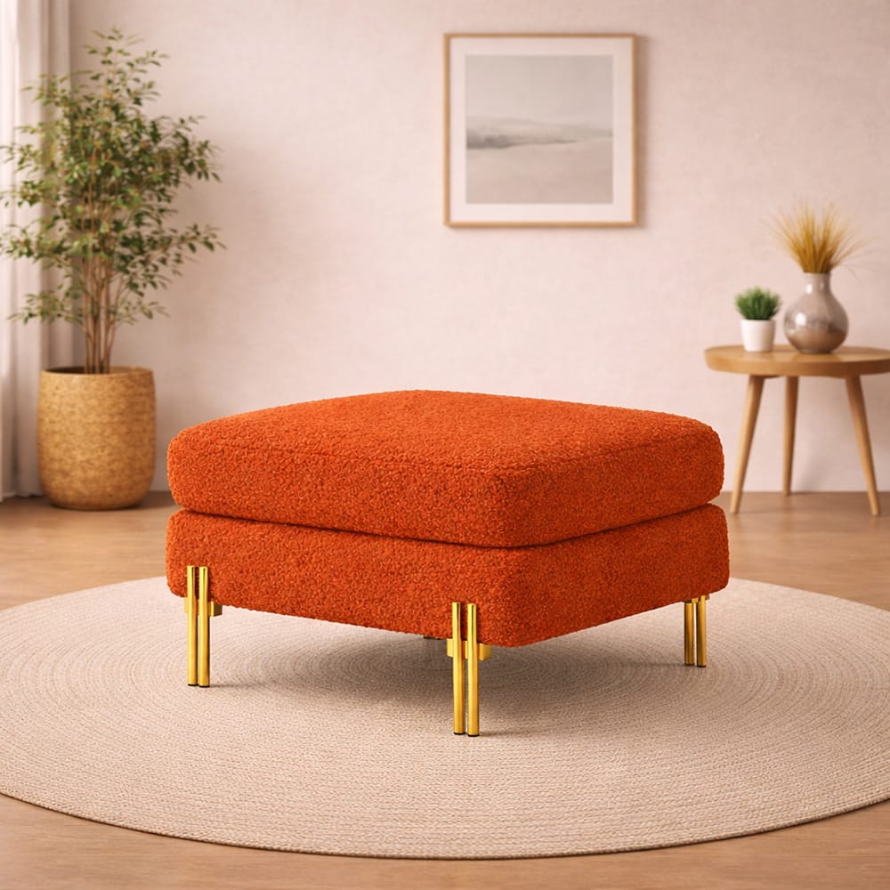 Doe Buck Luxe Boucle Square Ottoman in Orange Colour with Gold Metal Legs - Doe Buck