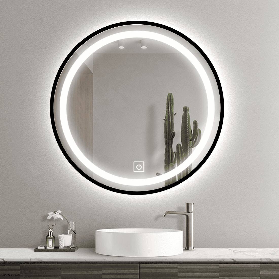 Round LED Mirror with Gold Aluminium Frame Modern Circular Vanity Mirror