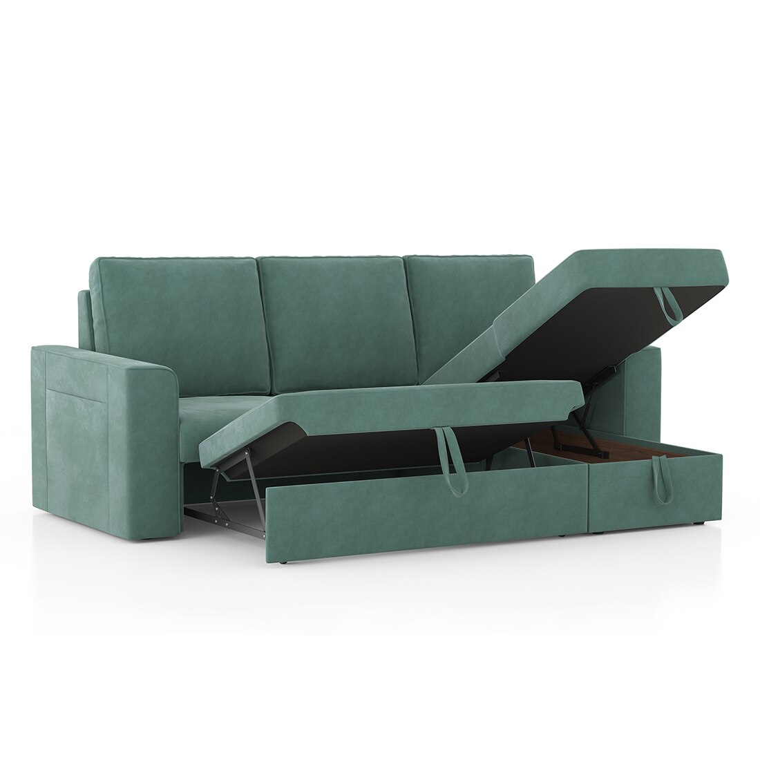 Kowloon Sectional Sofa Cum Bed with Storage in Dusty Turquiose Velvet