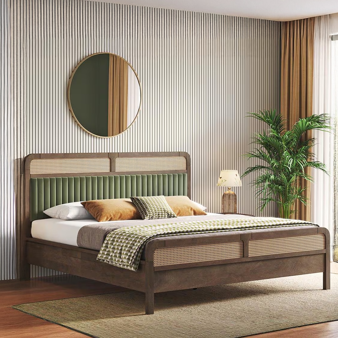 Hanoi Solid Wood Cane King Size Nonstorage Bed In Danish Walnut Finish with Deep Olive Colour