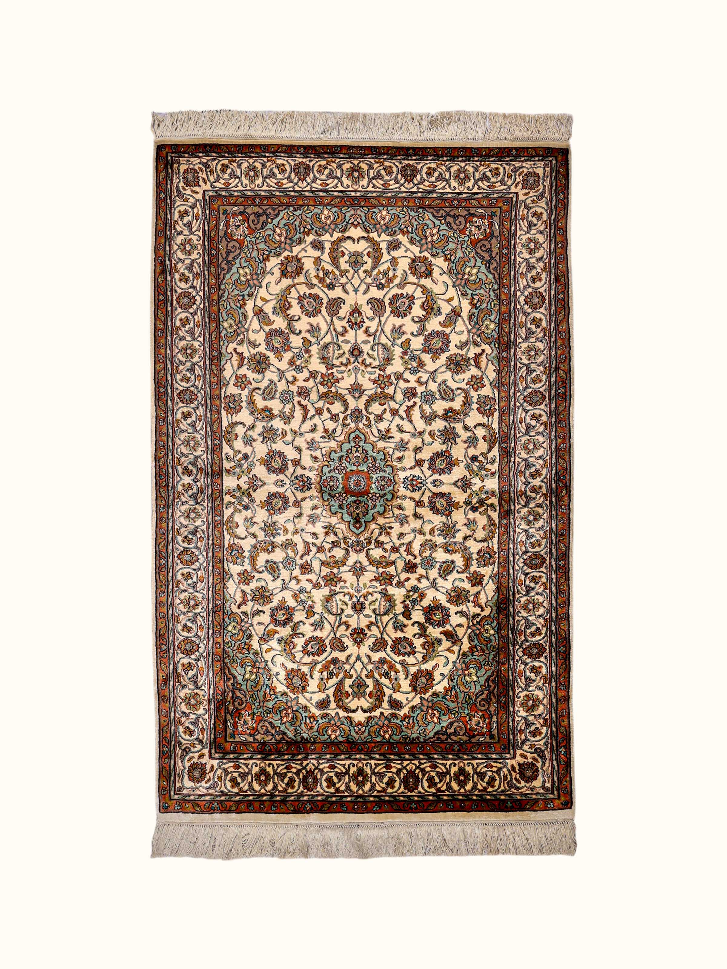 Traditional Persian Ivory Blue Kashan Kashmir Silk Hand-Knotted Carpet