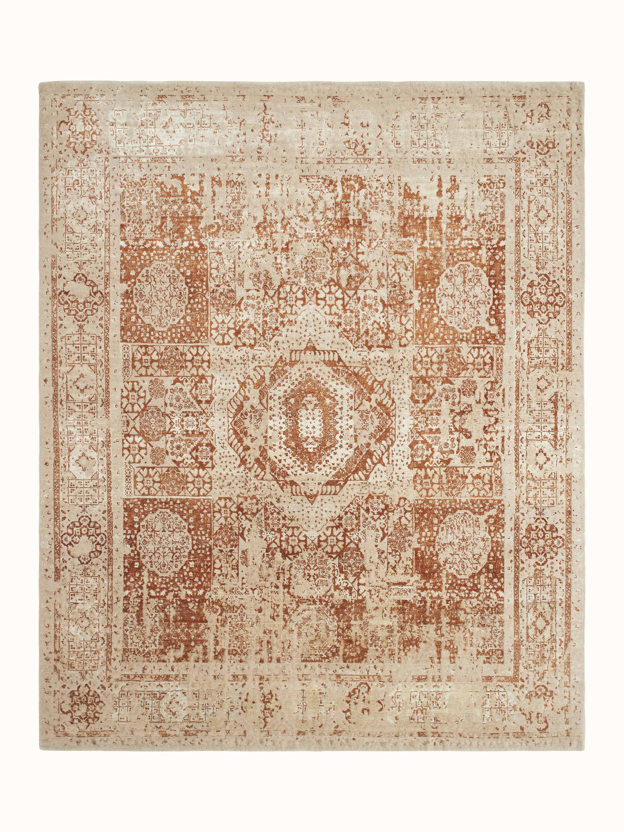 Front view of Distressed Mamluk Beige Rust Bhadohi Wool & Viscose Hand-Knotted Rug showcasing intricate patterns and rich colors