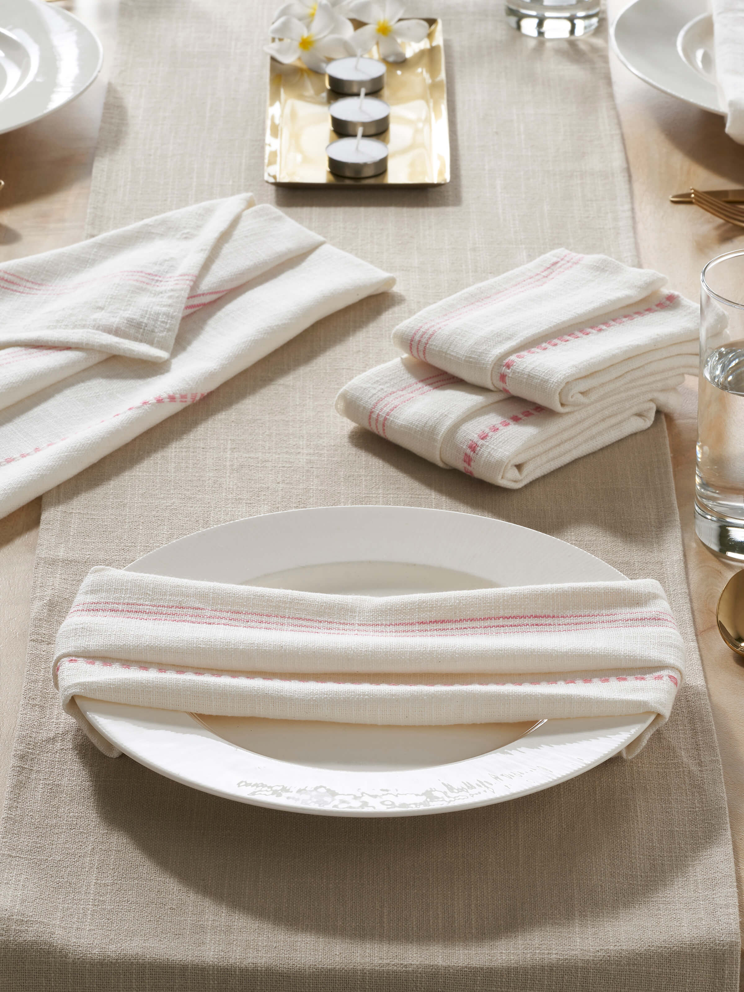 Arth White Stripe Cotton Handloom Dinner Napkins (6 Pcs)