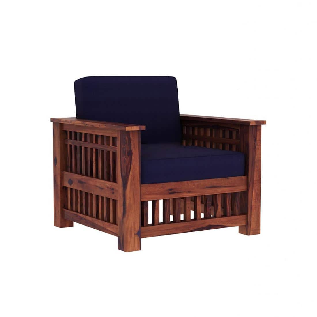 Anjani 3+1+1 Seater Wooden Sofa (BLUE Colour, Teak Finish)