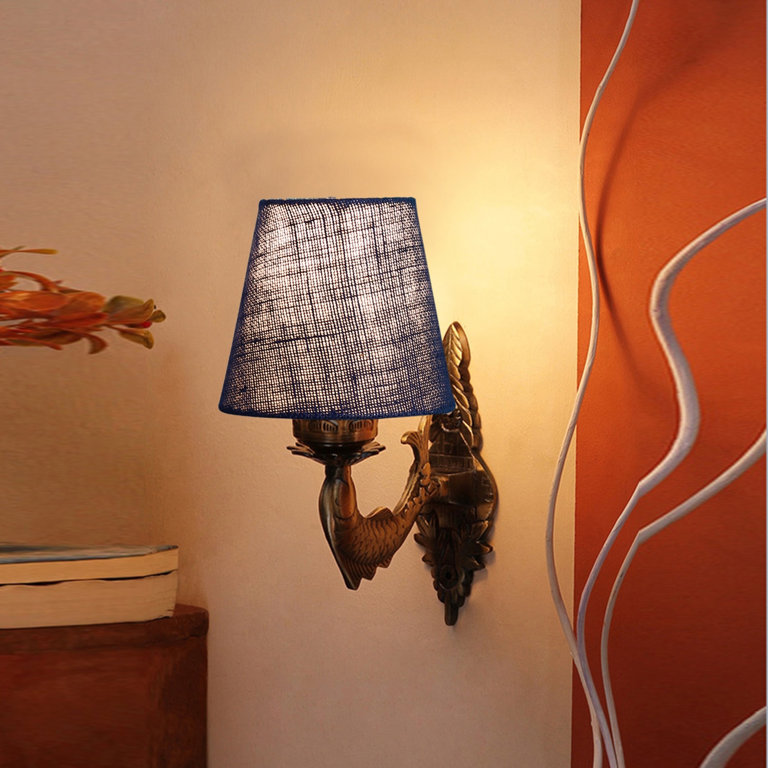Devansh Metal Electric Wall Light in Antique Gold Colour with Blue Shade Count of 1 Light - Devansh