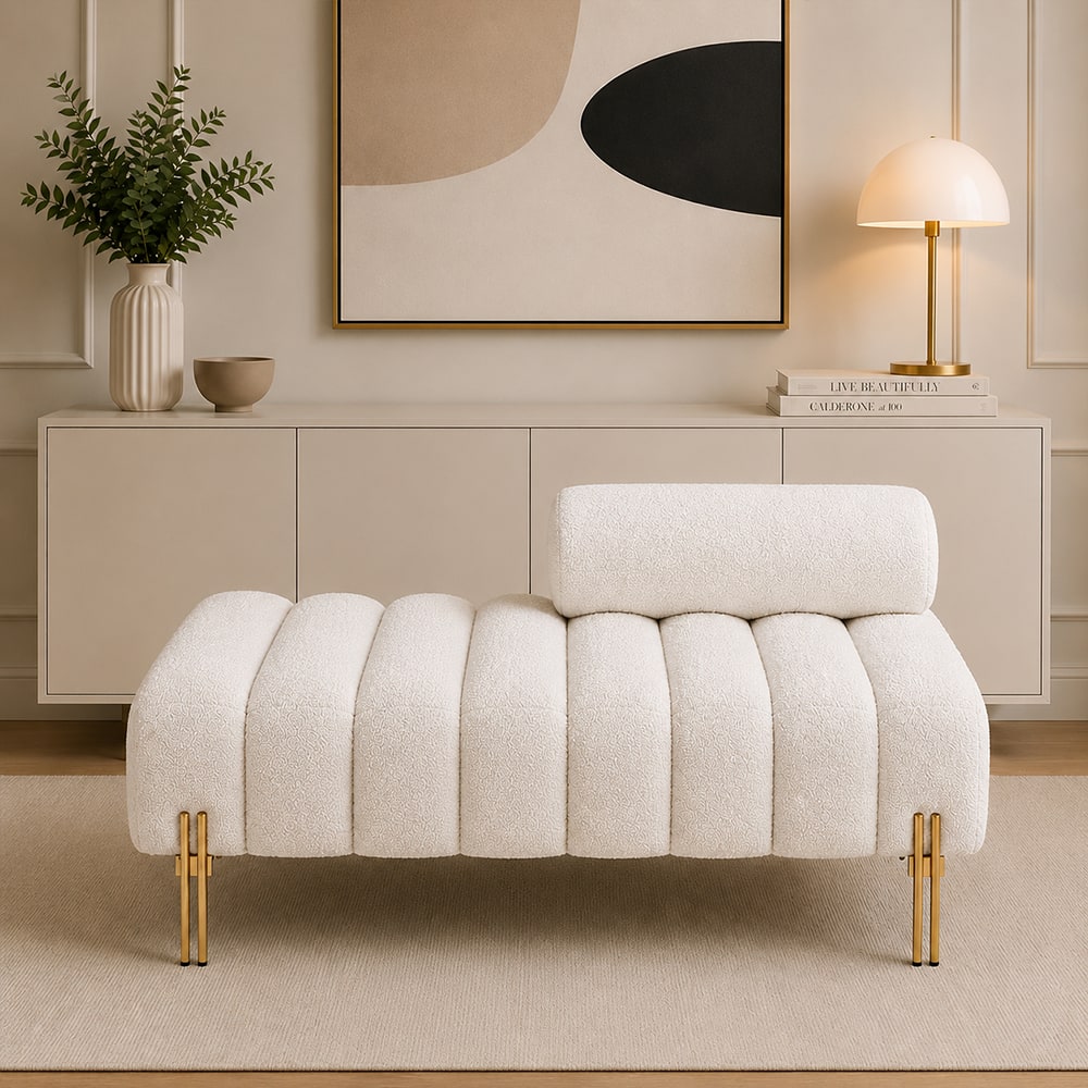 Doe Buck Luxury Boucle Accent Lounge Chair in White Colour with Gold Metal Legs - Doe Buck