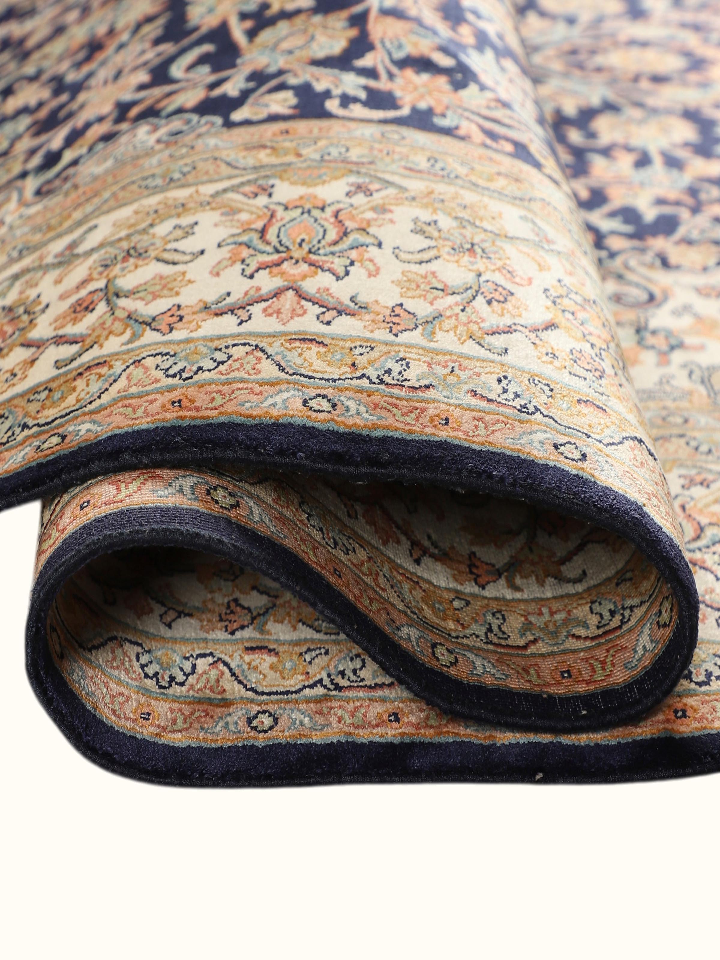 Traditional Persian Navy Ivory Isfahan Kashmir Silk Hand-Knotted Carpet