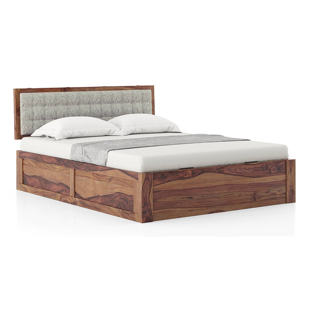 Florence Solid Wood King Size Hydraulic Storage Bed In Teak Finish