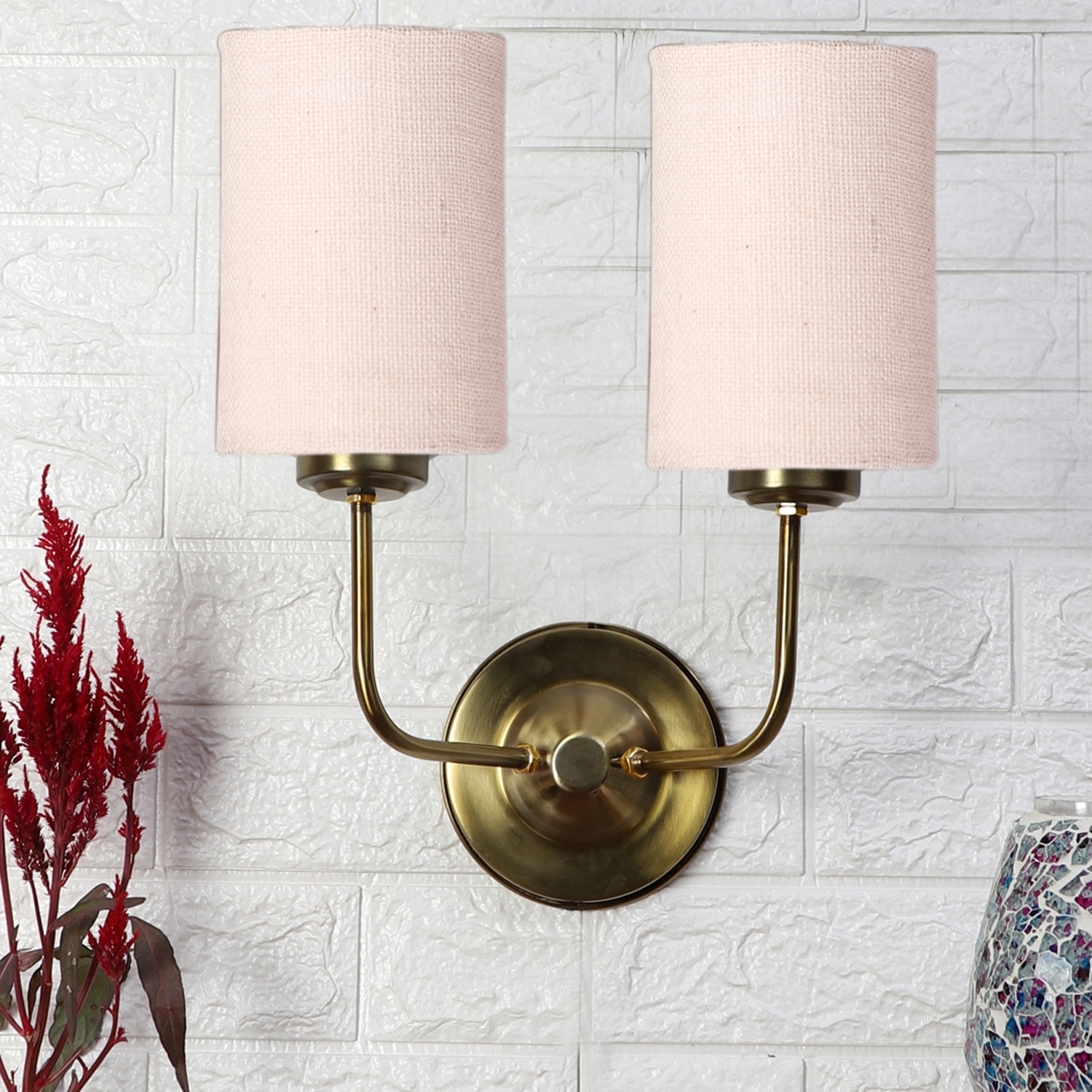 Devansh Metal Electric Wall Light in Gold Colour with White Shade Count of 2 Lights