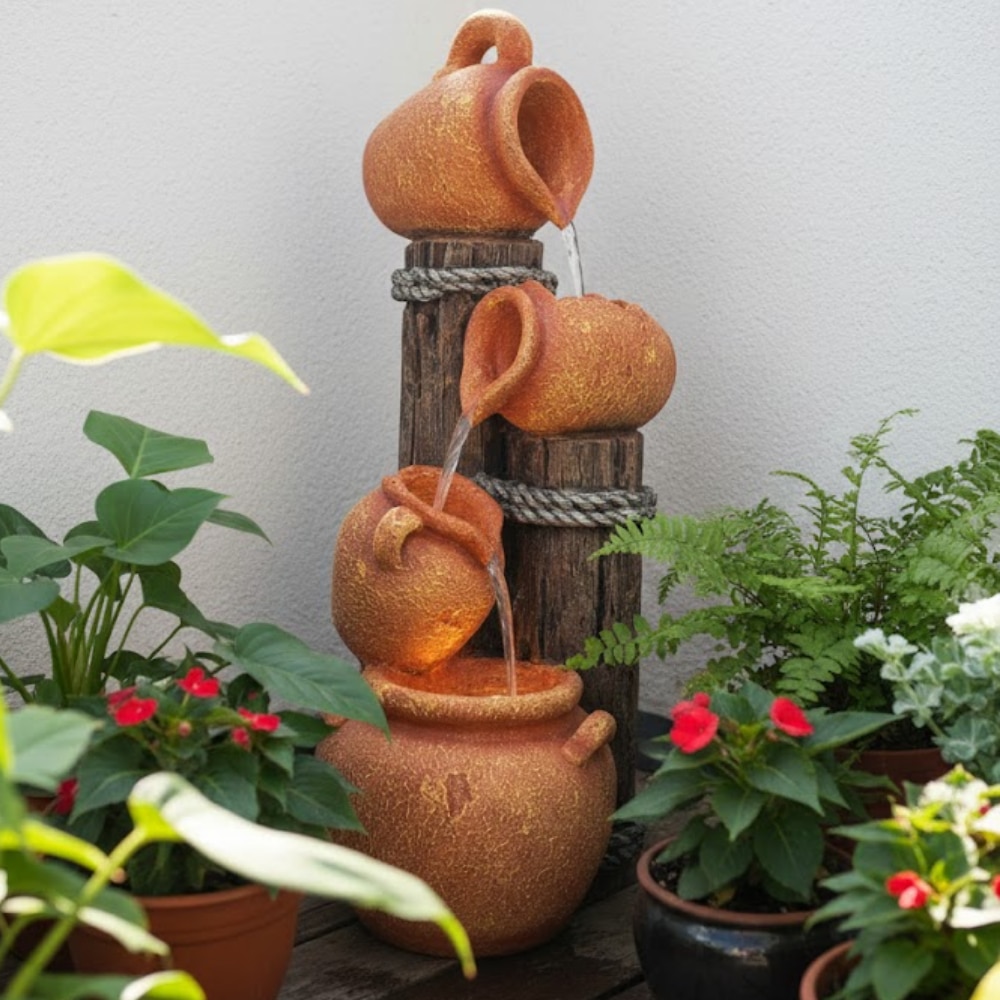 Orange and Brown Fiber Glass Natural Earthern Pot Water Fountain - Expleasia