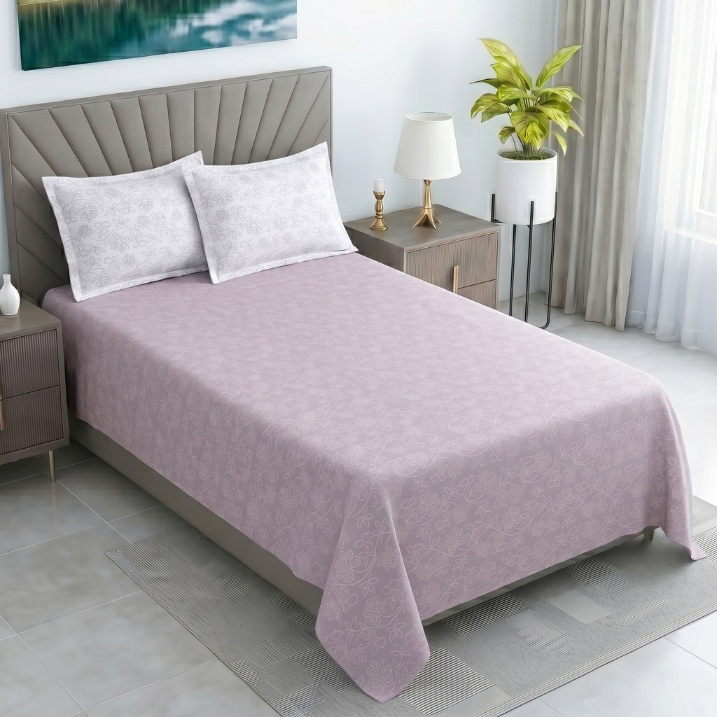 Lavender And White Floral Cotton 400 Tcflat Single Bed Size Bedsheet With 2 Pillow Covers