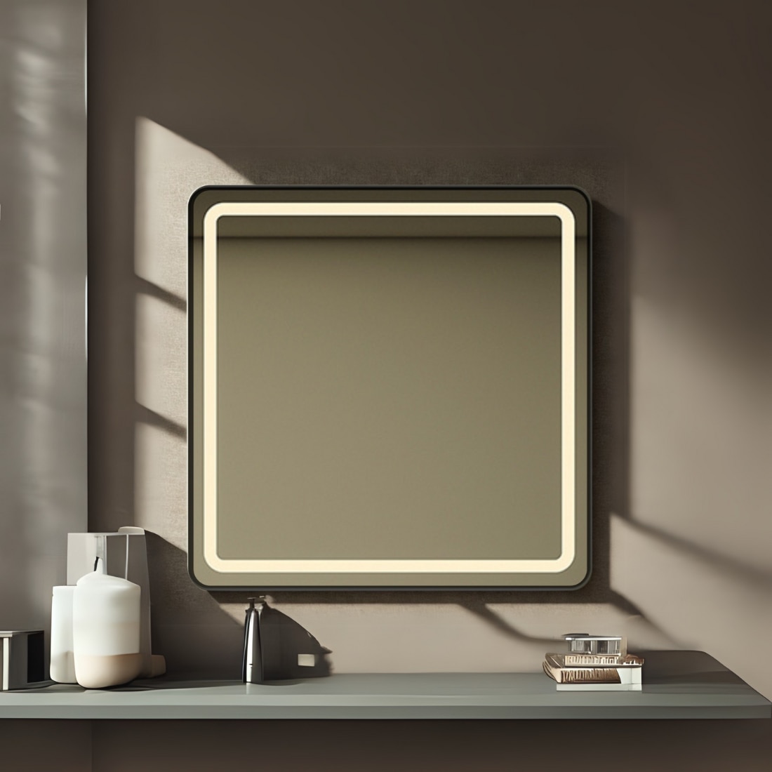 Modern Square Wall LED Mirror with Anodized Aluminum Frame Rose Gold Matte Black Brushed Silver