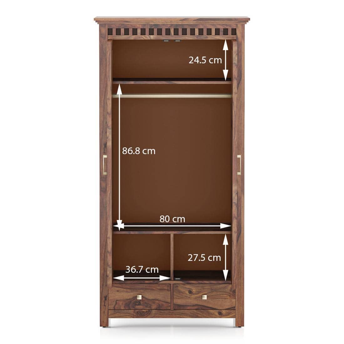 Fidora Solid Wood 2 Door Wardrobe in Teak Finish
