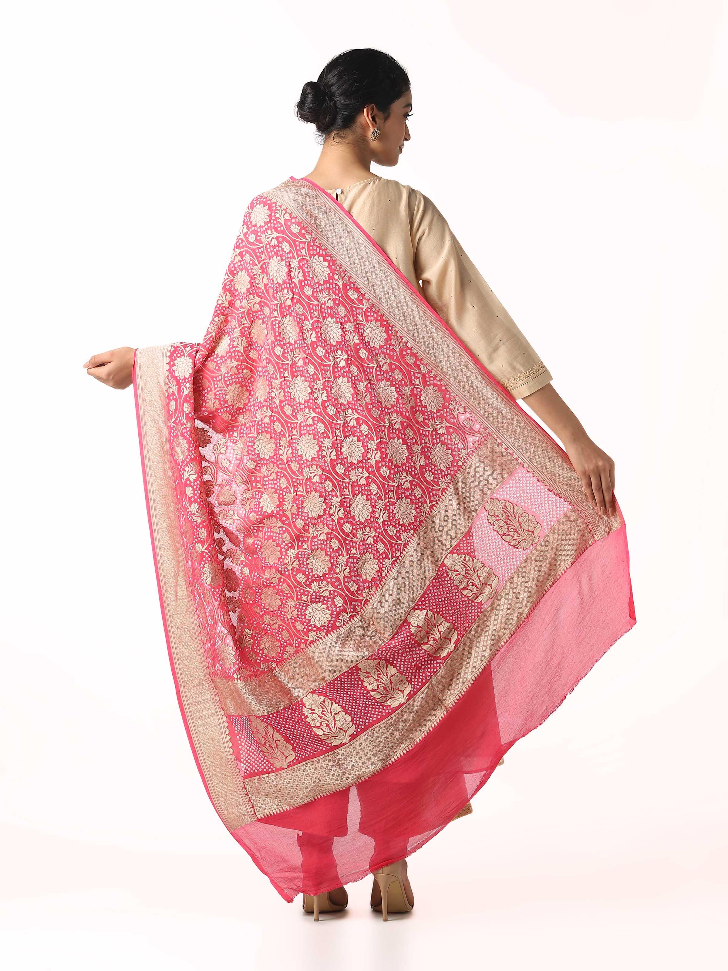 Coral Banarasi Crepe Bandhani Tie & Dye Dupatta
