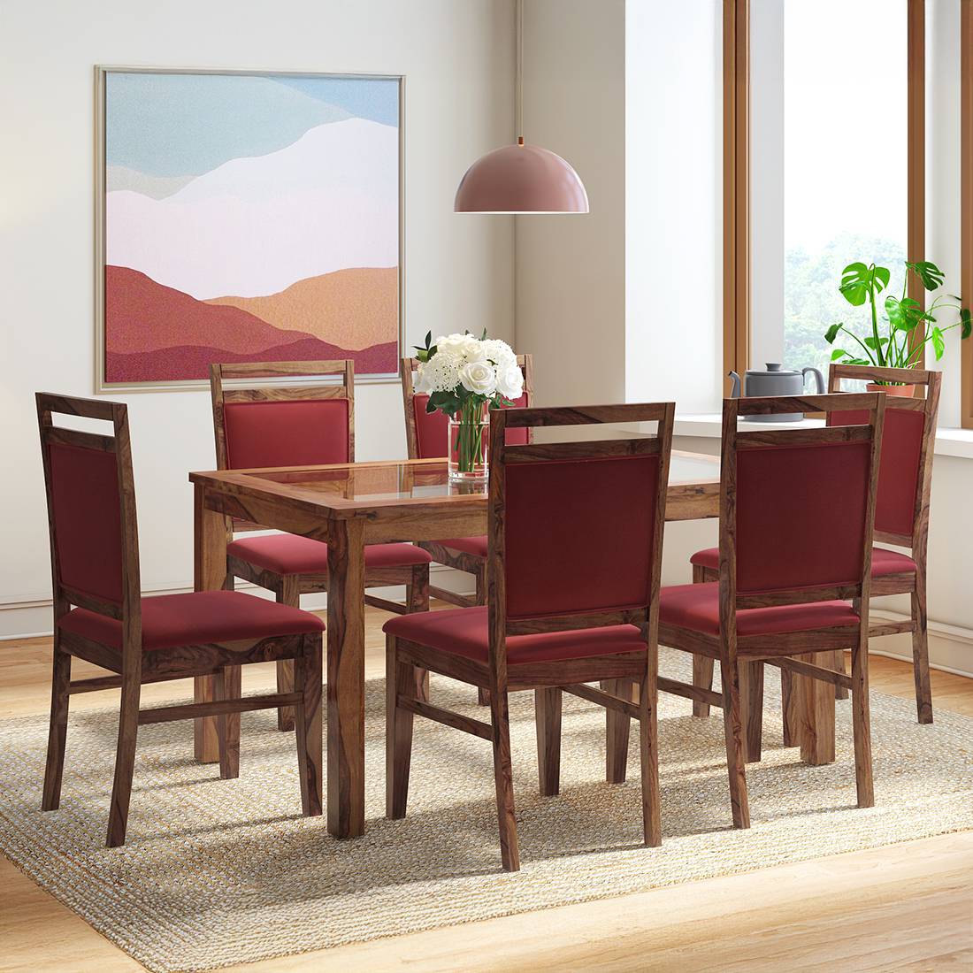 Floyd 6 Seater Glass Top Dining Table With Set Of 6 Alaine Dining Chairs (Colour- Rococo Red, Finish- Teak)