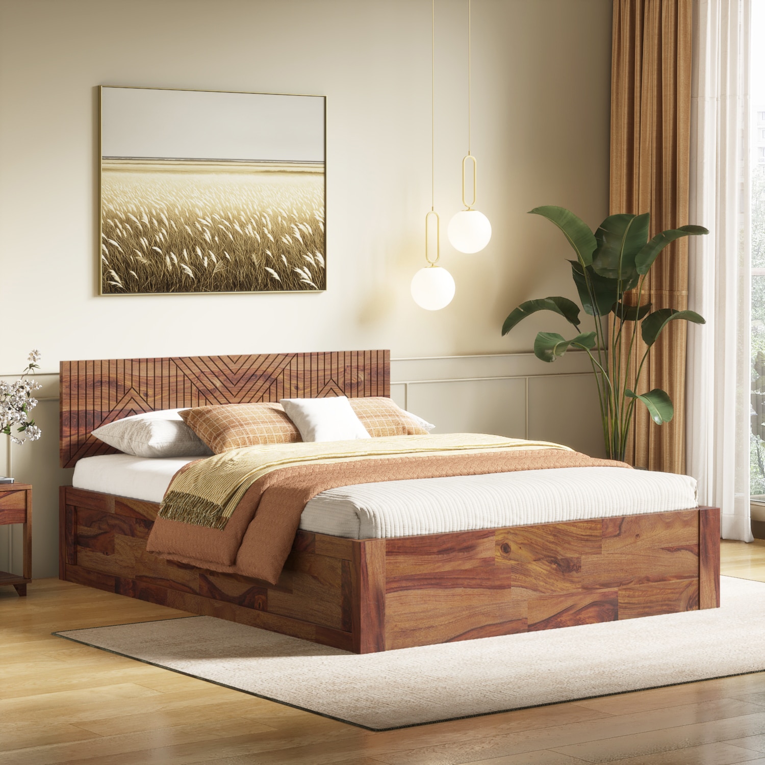 Kuba Solid Wood Queen Size Box Storage Bed In Teak Finish