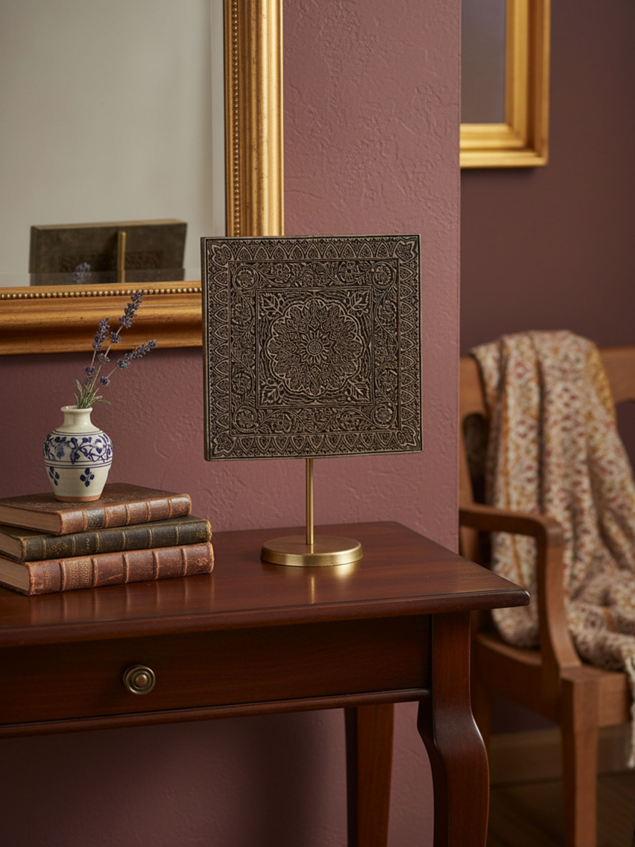 Hand-carved Sheesham wood square printing block – side view