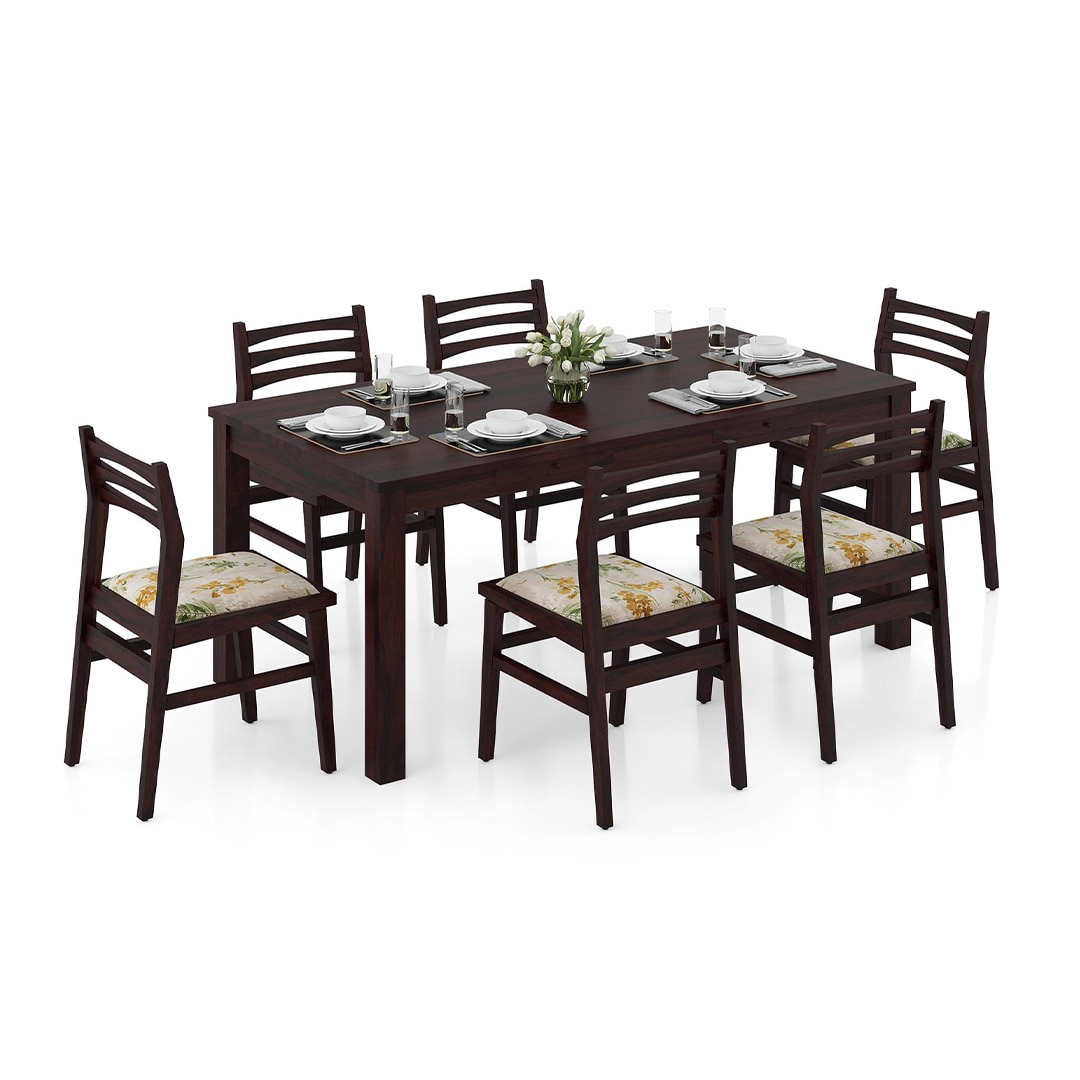 Arabia Leon Solid Wood 6 Seater Dining Table With Set Of 6 Chairs (Colour- Mustard Florals, Finish- Mahogany)