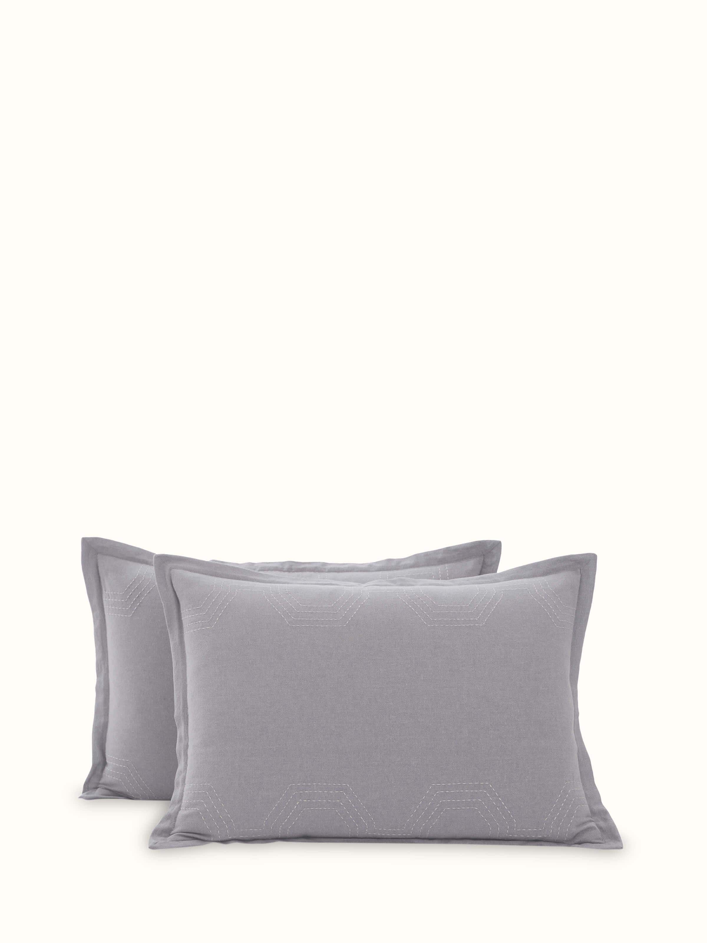 Front view showcasing the grey geometric design with detailed Kantha embroidery