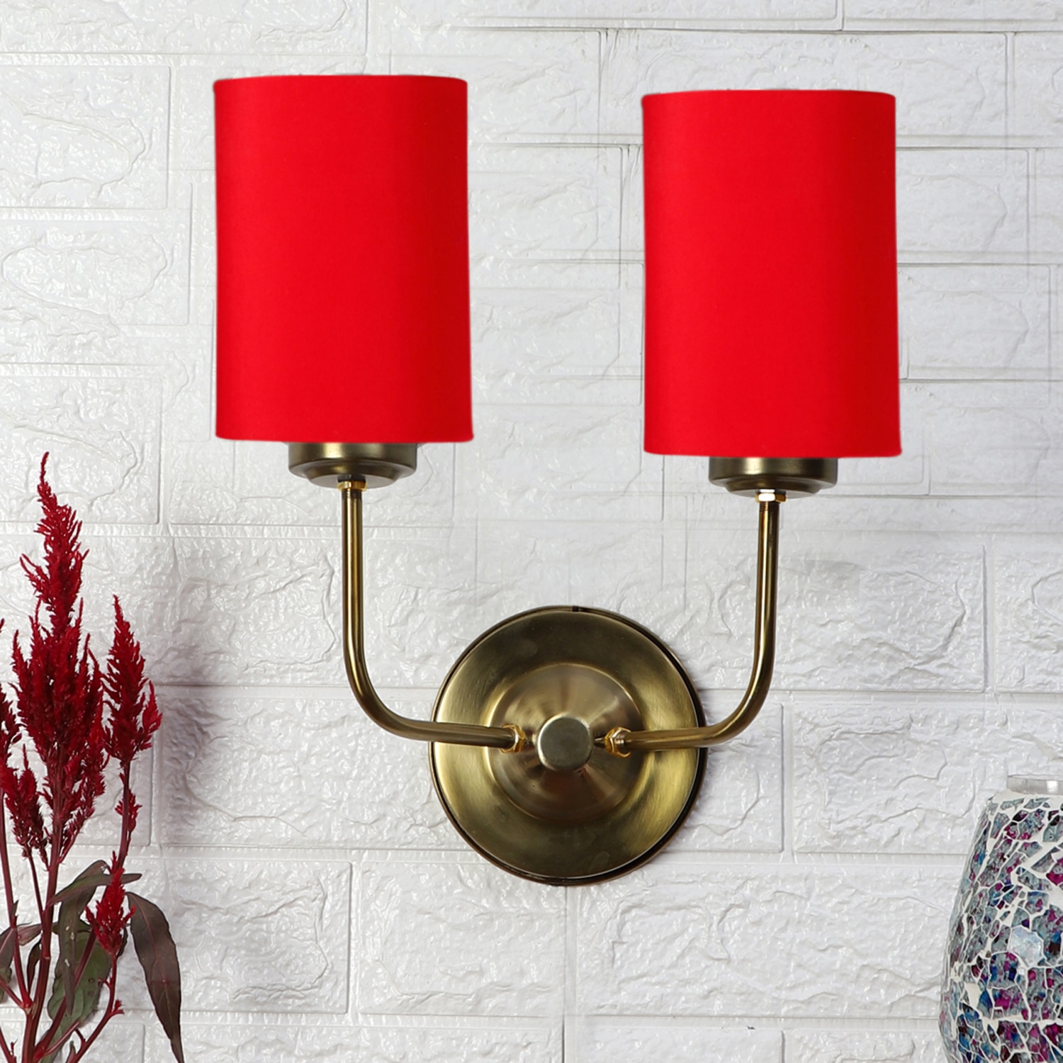 Devansh Metal Electric Wall Light in Gold Colour with Red Shade Count of 2 Lights - Devansh