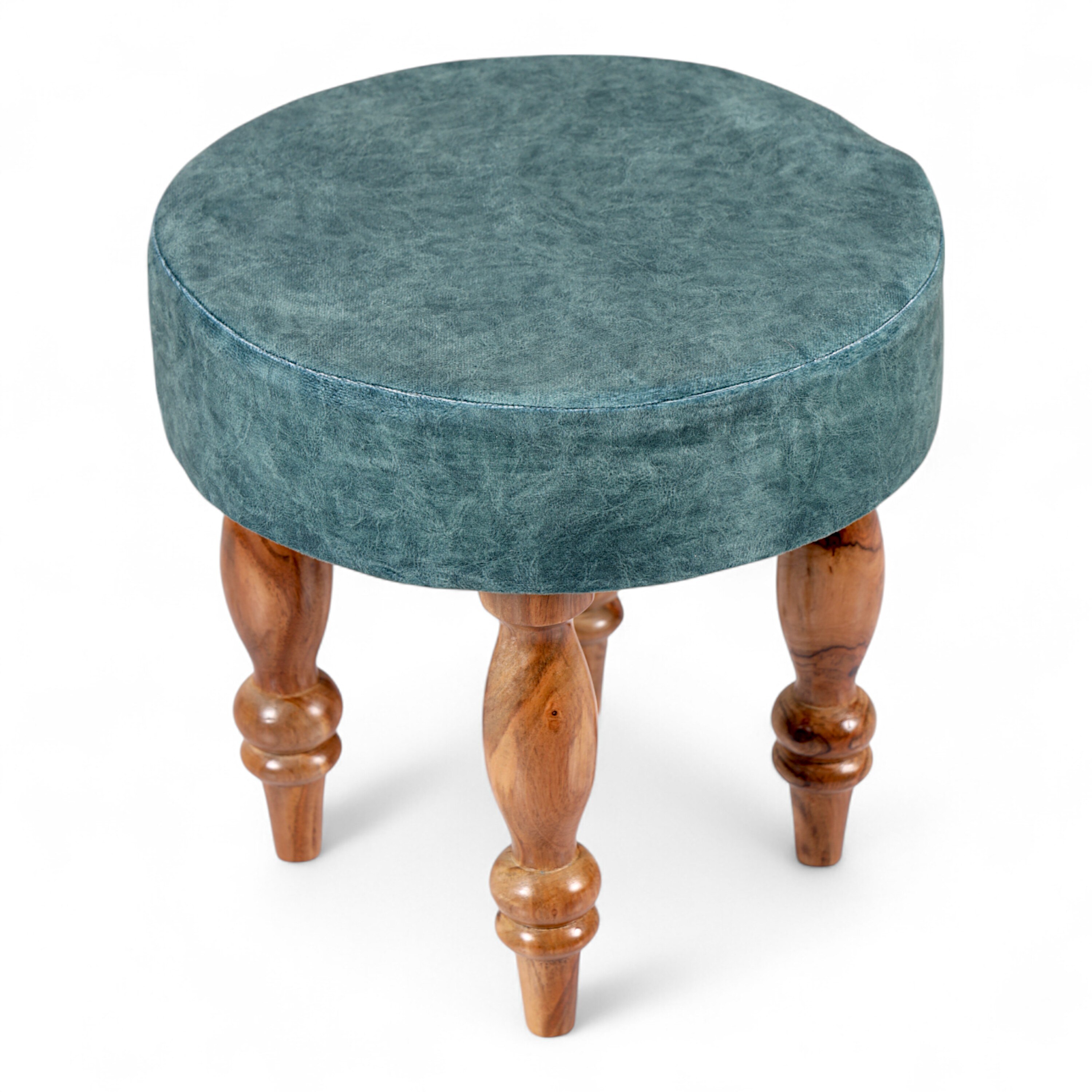 Roswell Sheesham Wood   Round Set of 2 Stools in Blue Jacquard Work Fabric Upholstery