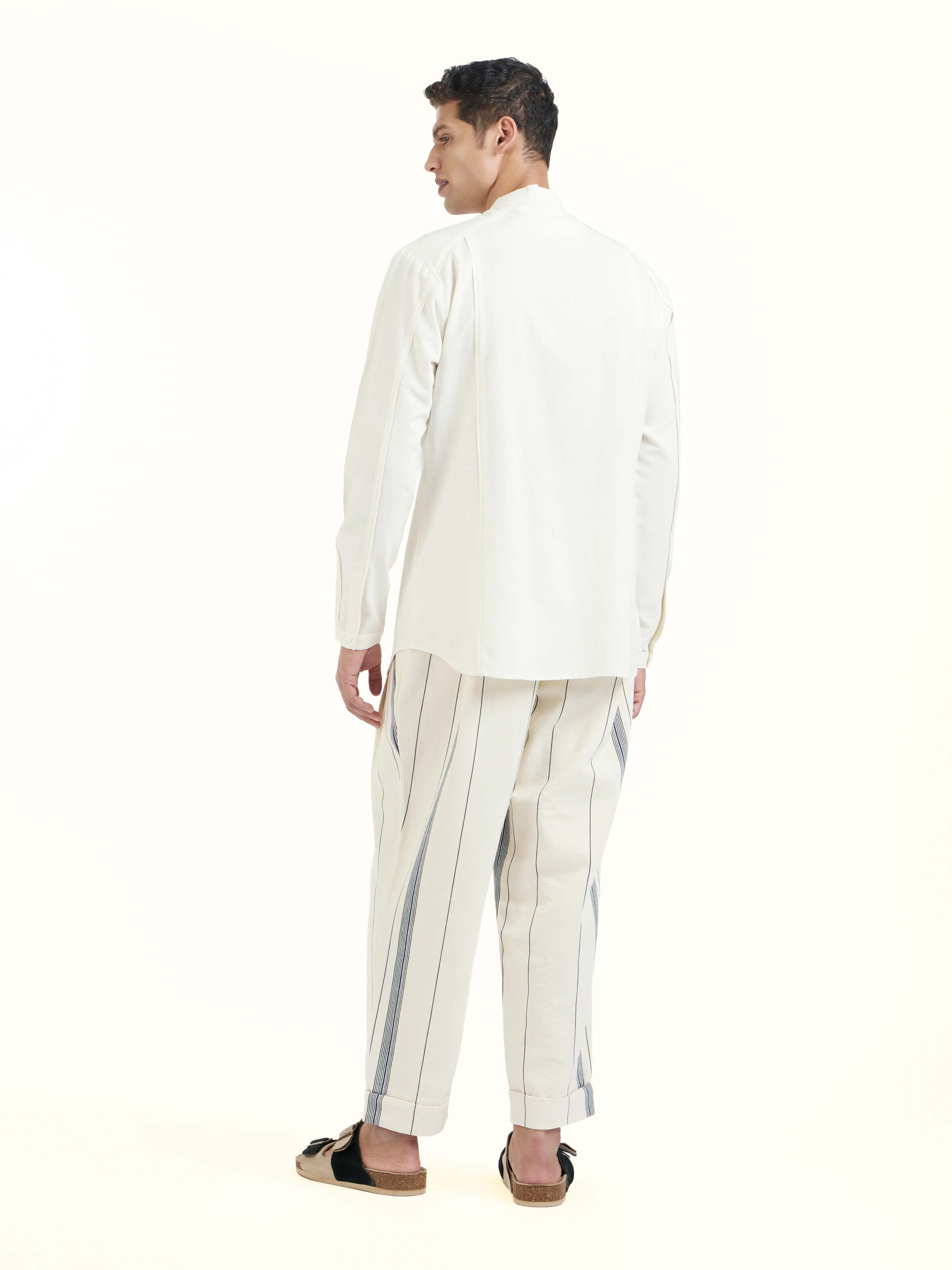 Back view of ivory cotton handloom full sleeve shirt displaying fit and finish