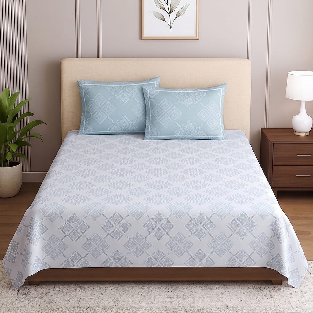 White Floral Cotton 400 Tc Flat Single Bed Size Bedsheet With 2 Pillow Covers