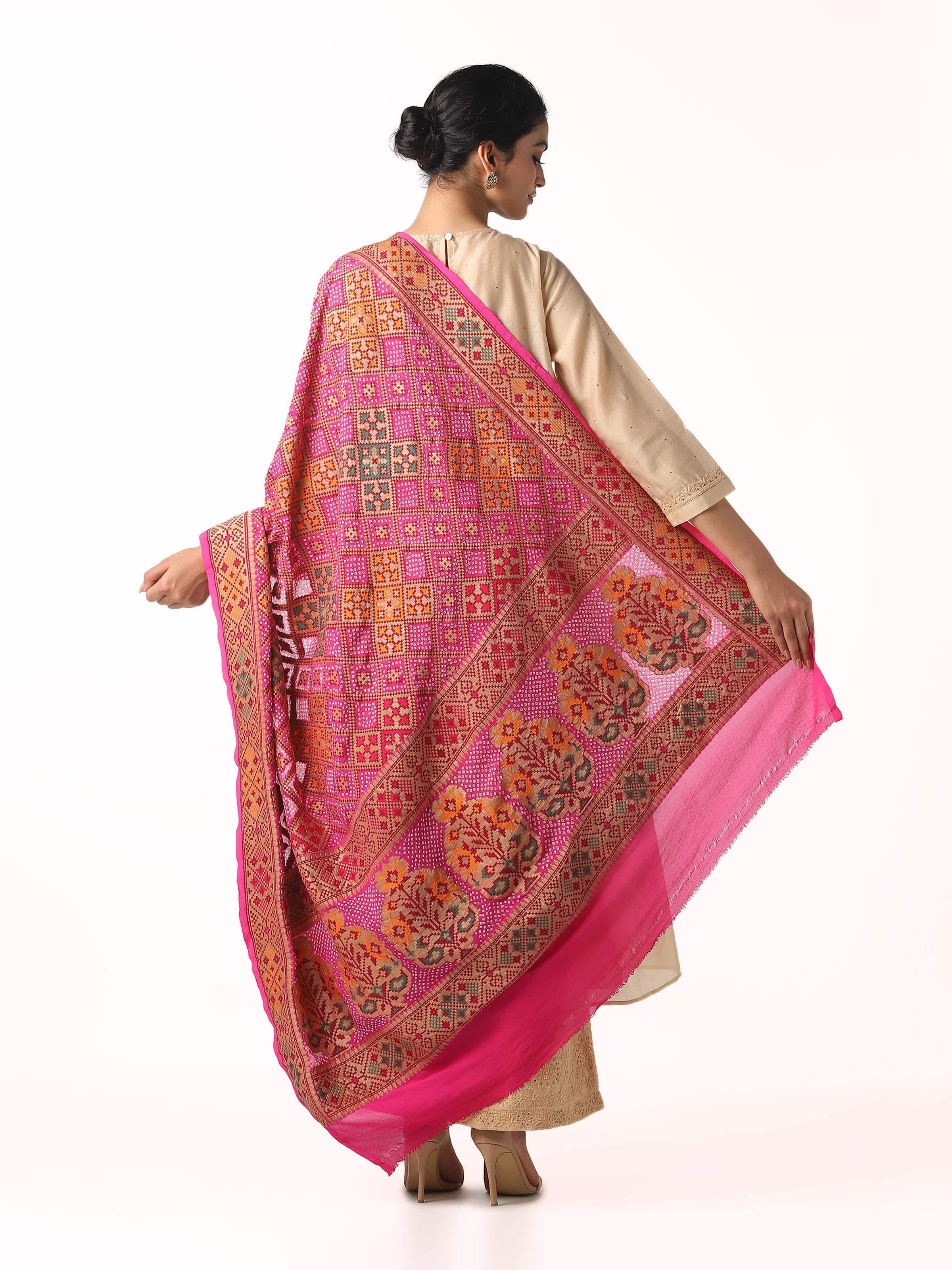 Pink Banarasi Crepe Bandhani Tie & Dye Dupatta