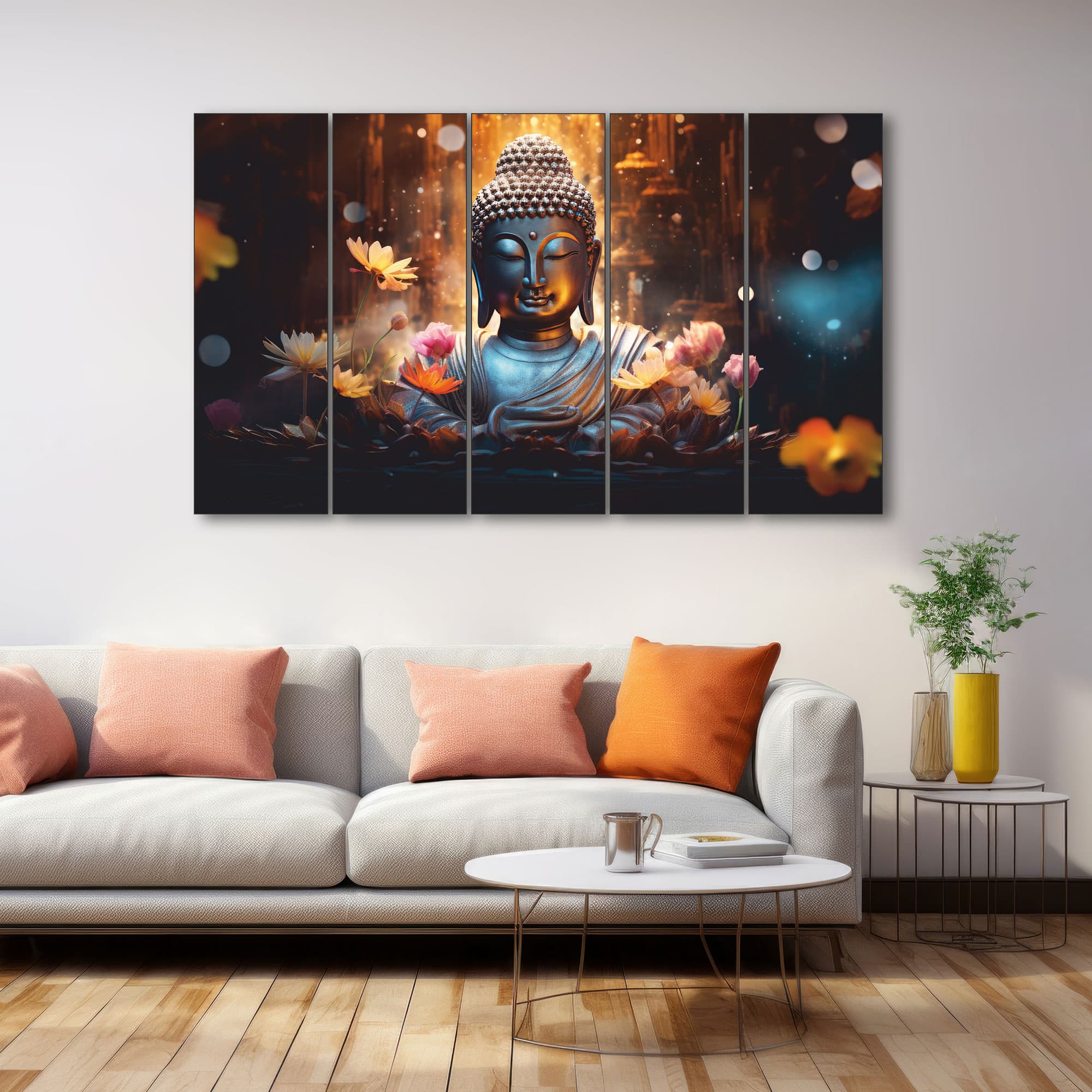 The Castle Decor Buddhism Art Wall Art Set of 5 Wooden Framed Digital Painting 27x48 Inch - The Castle Decor