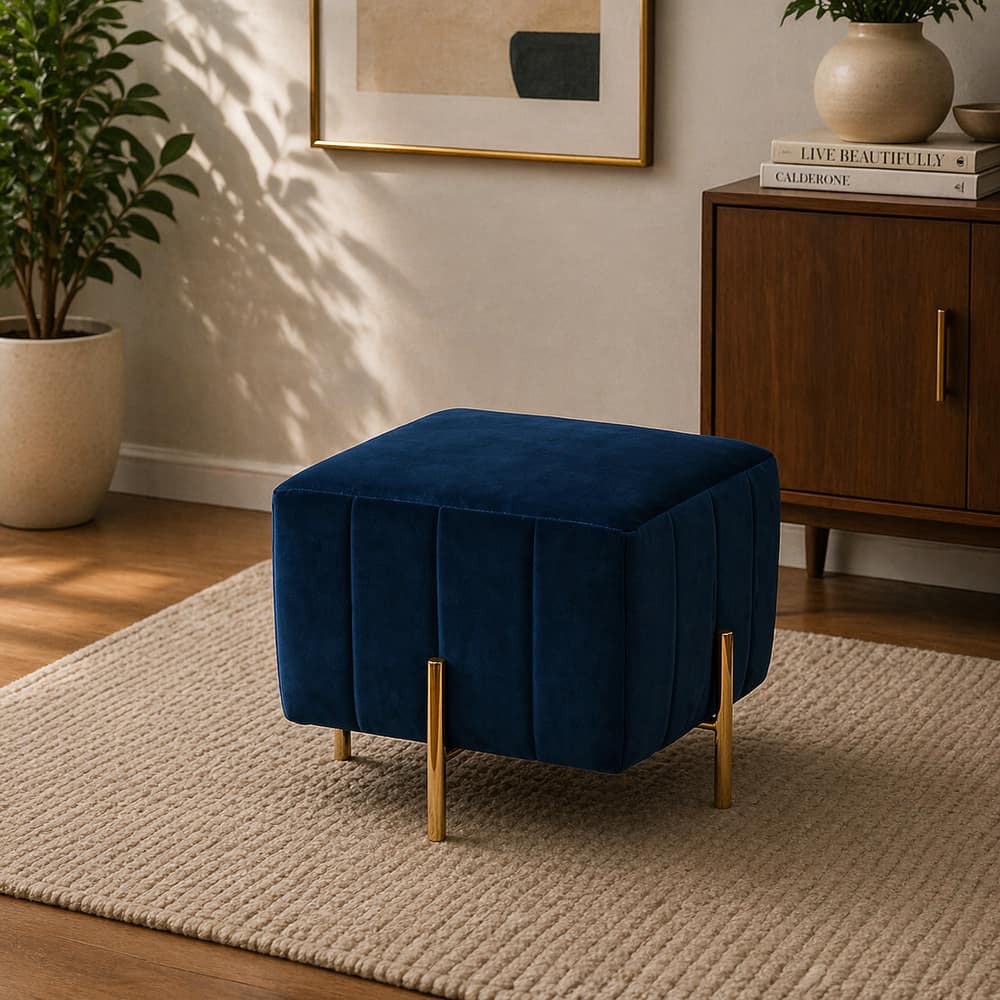 Doe Buck Adirondack Channel Tufted Velvet Ottoman Stool in Blue Colour with Gold Legs - Doe Buck