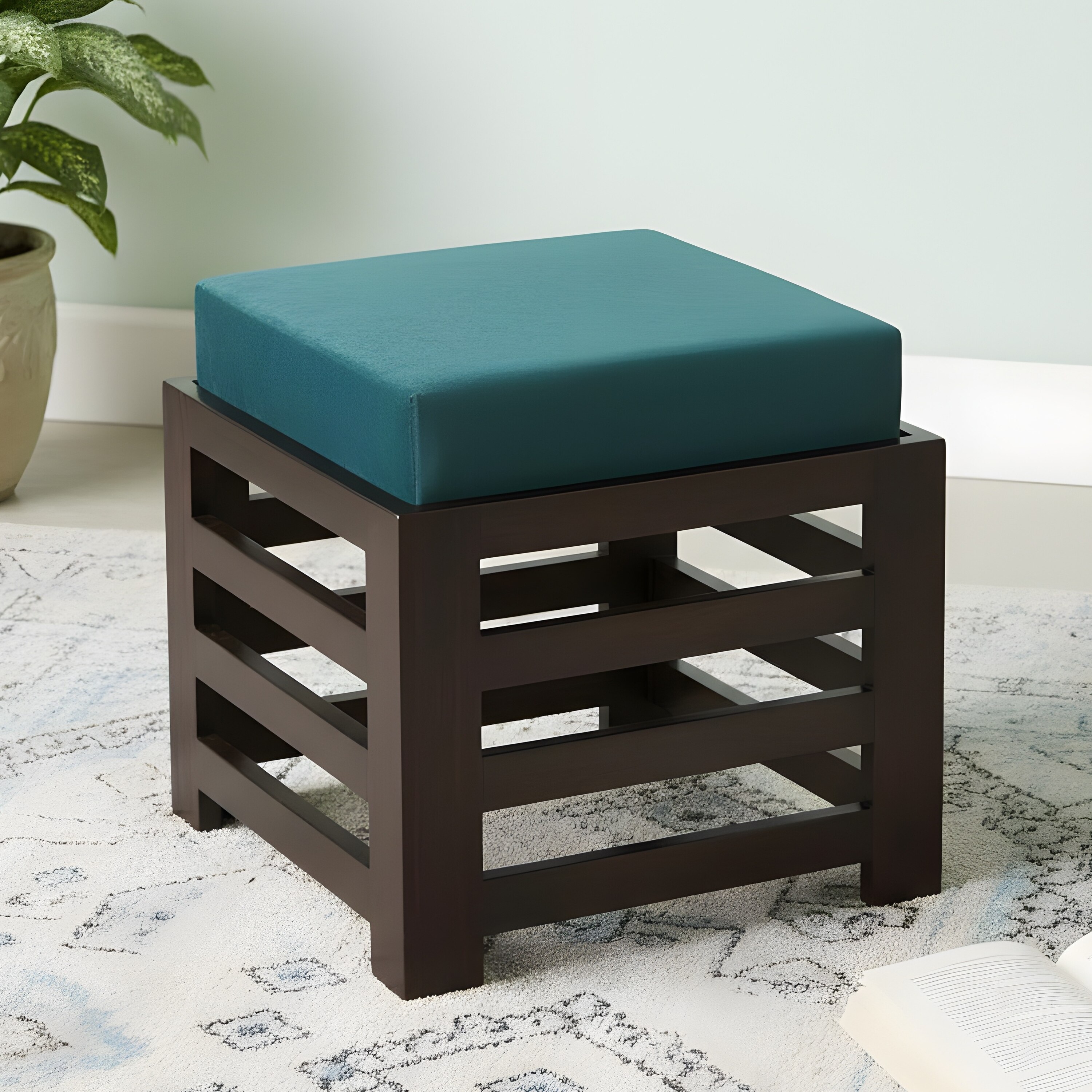 Houston Sheesham Wood Stool in Mahogany Finish & Turquoise Sea Velvet Cushion