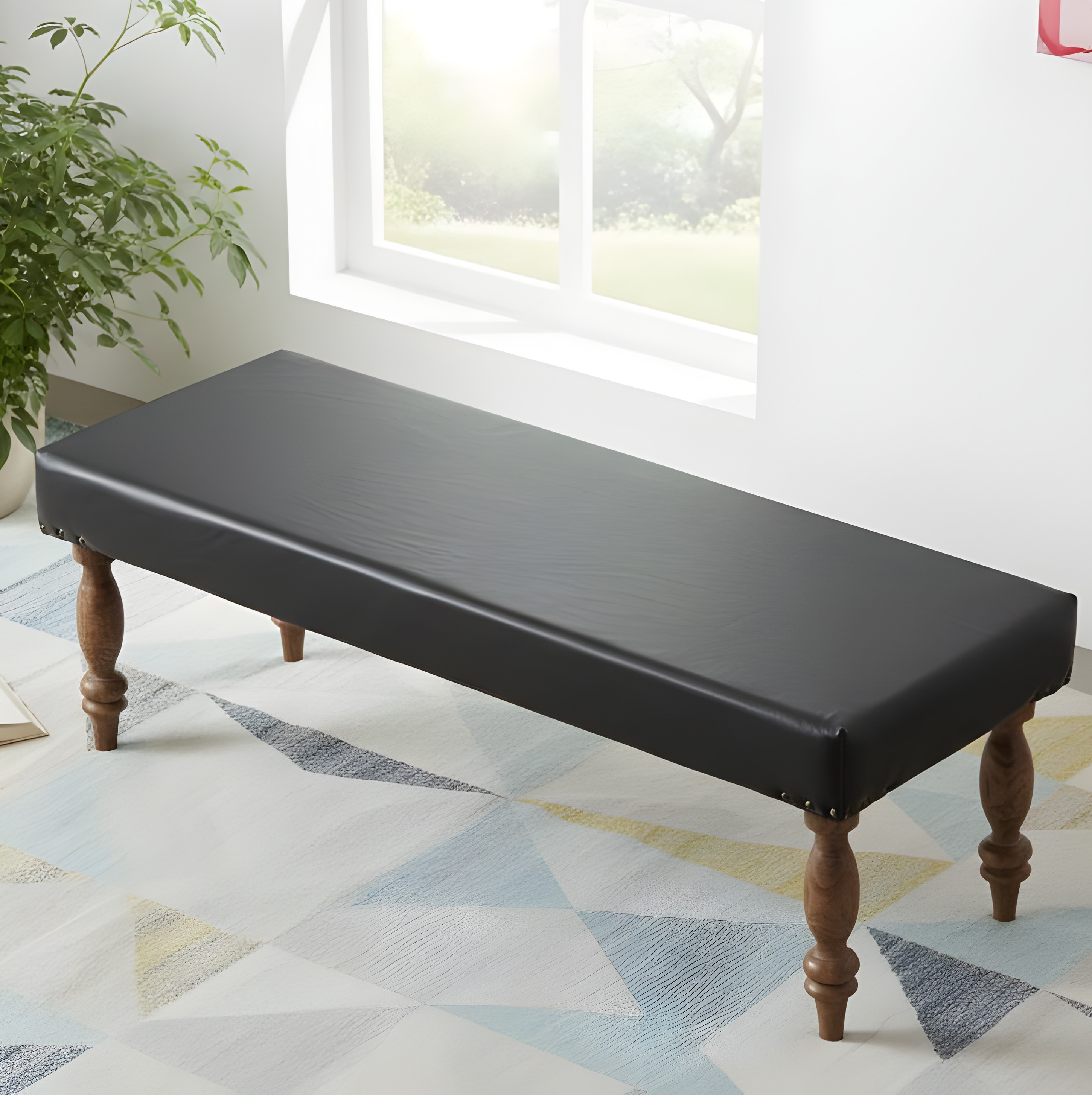 Cairo Sheesham Wood Accent 3 Seater Bench In Black Leatherite