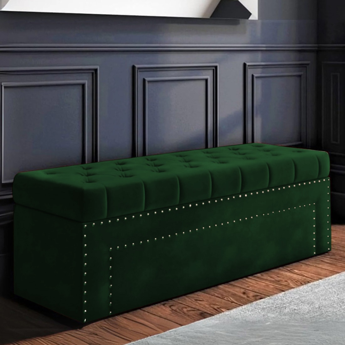 Edin Velvet 2 Seater Upholstered Bench with Storage Green Colour