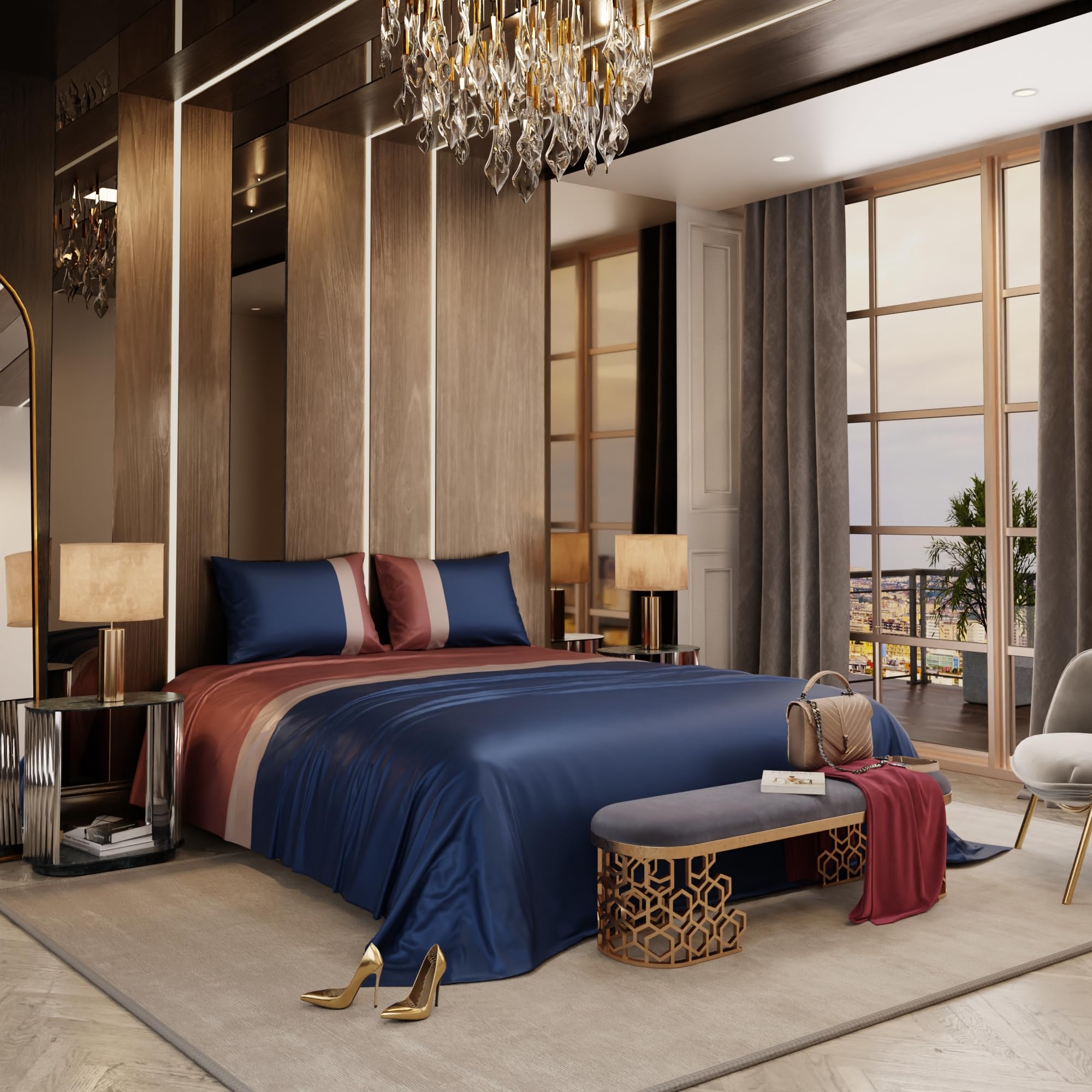 Stoa Paris 300TC UltrSatin King Size Bedsheet with 2 Pillow Covers Satin King Navy Blue Caramel - Stoa Paris