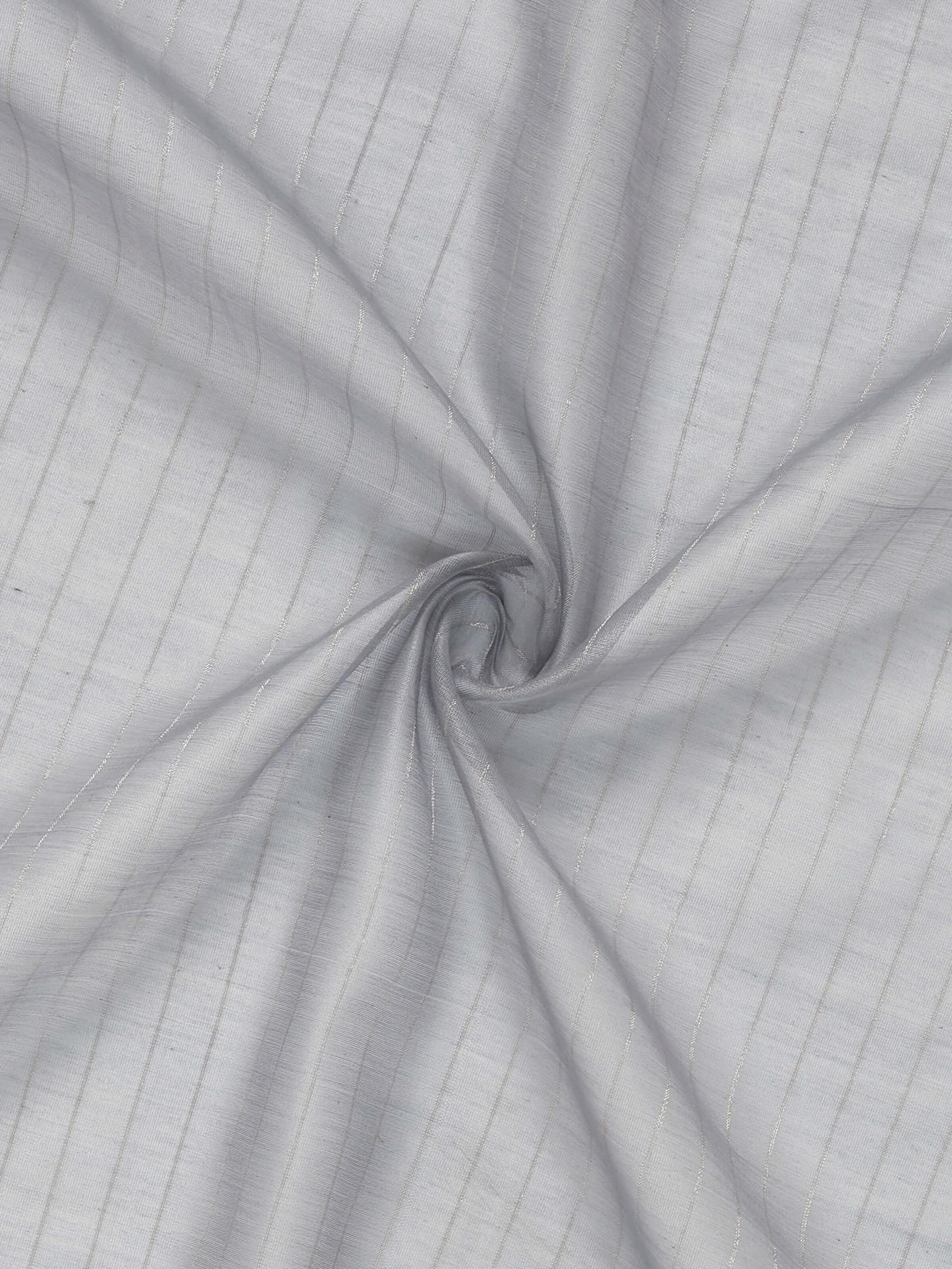 Angled view of handloom textured grey sheer curtain featuring subtle metallic stripe accents.