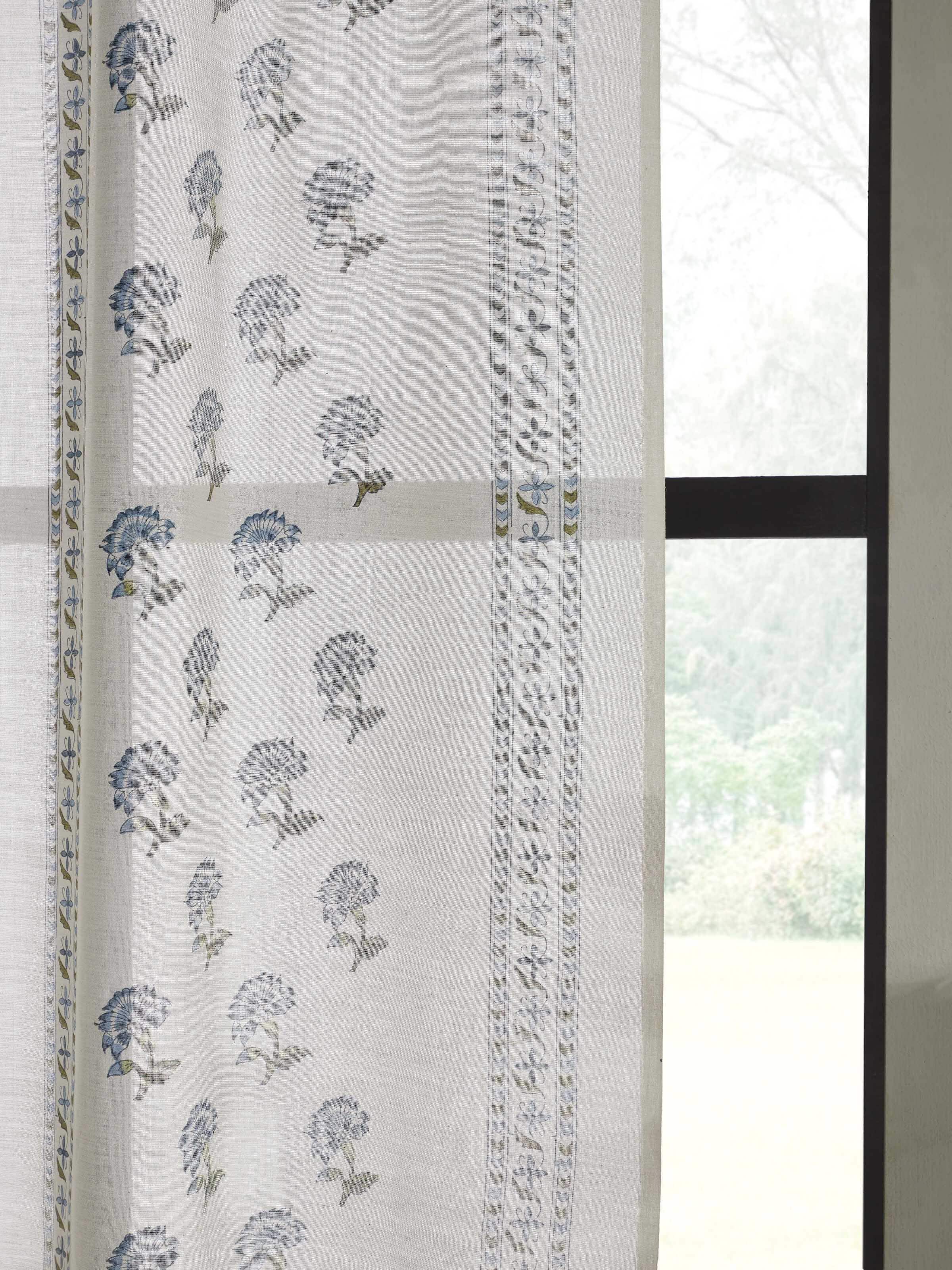 Side view of Aaarunya Sanganeri Block Printed Curtain, highlighting floral motifs and sheer texture.
