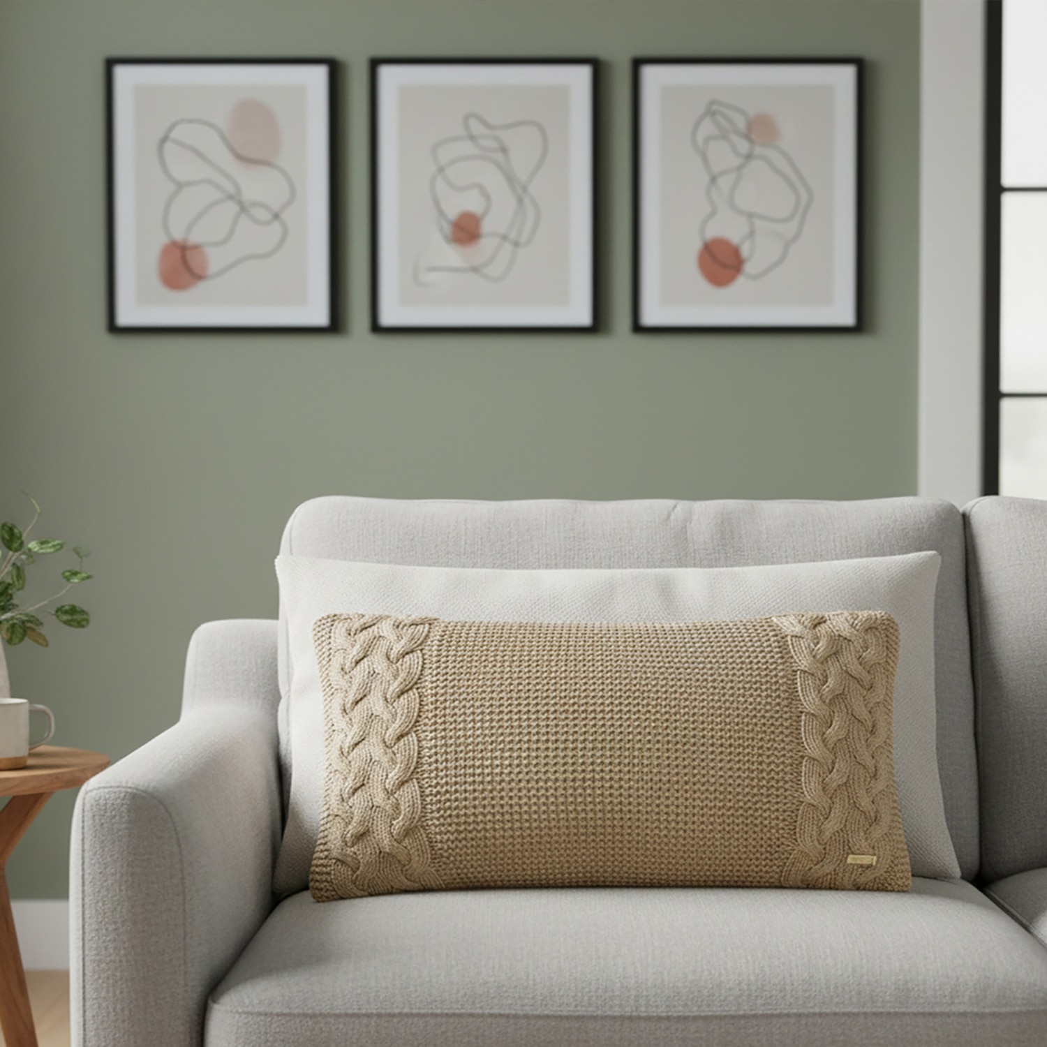 Archer Knit Cotton Cushion Cover  Latte 12X20  Inches - Pluchi