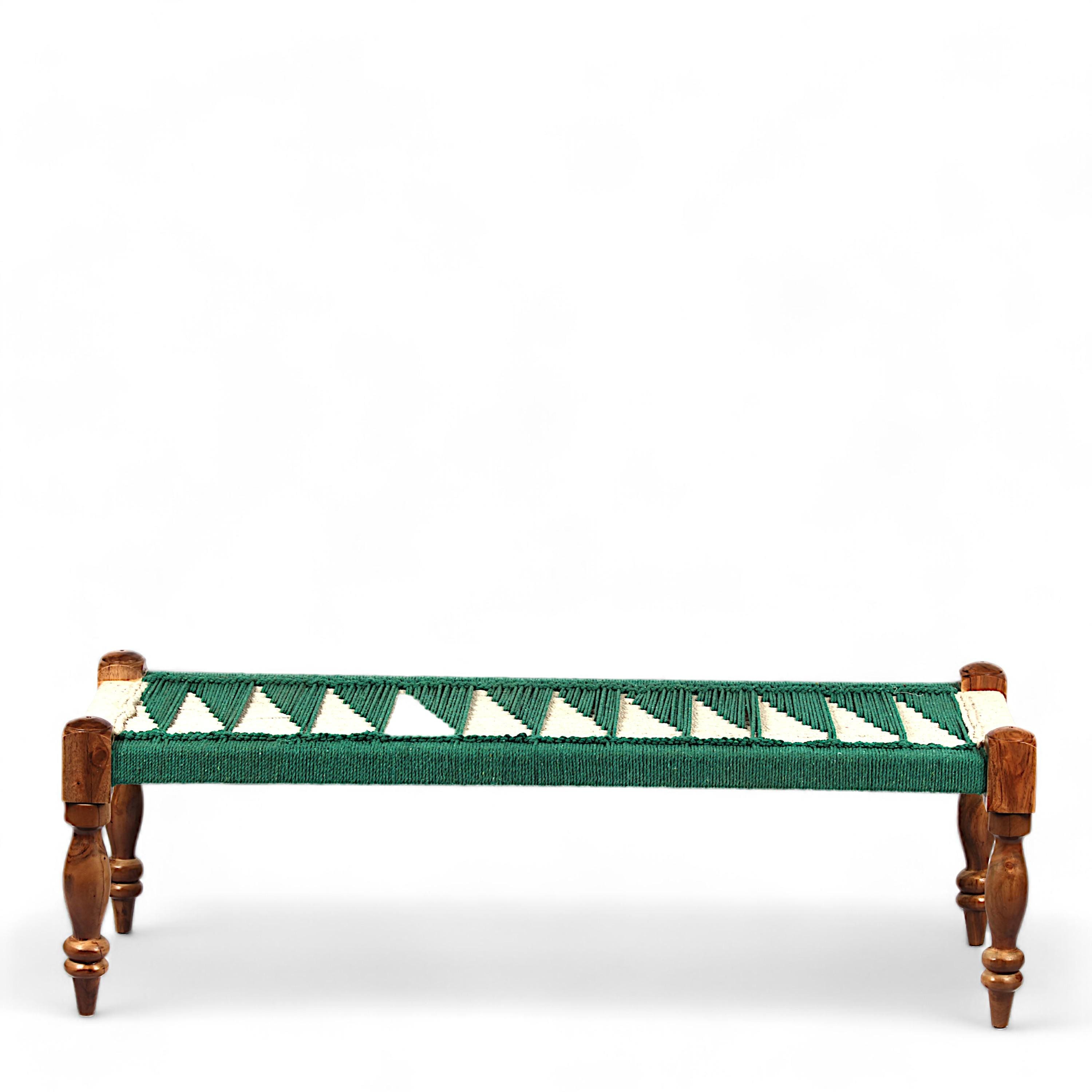 Hamilton Sheesham Wood Maachi Bench Set With 2 Stools In Green & White Rope Canning