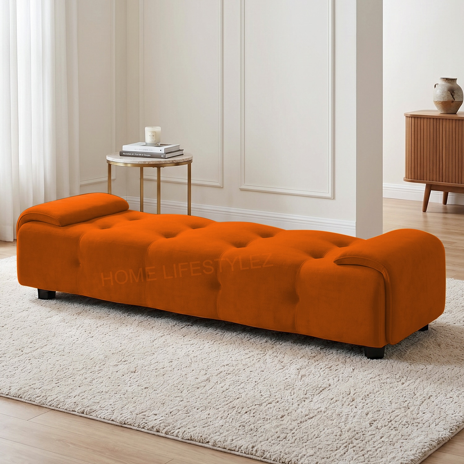 home lifestylez Melon Velvet 5 Feet Ottoman Bench in Orange Color-picture-13
