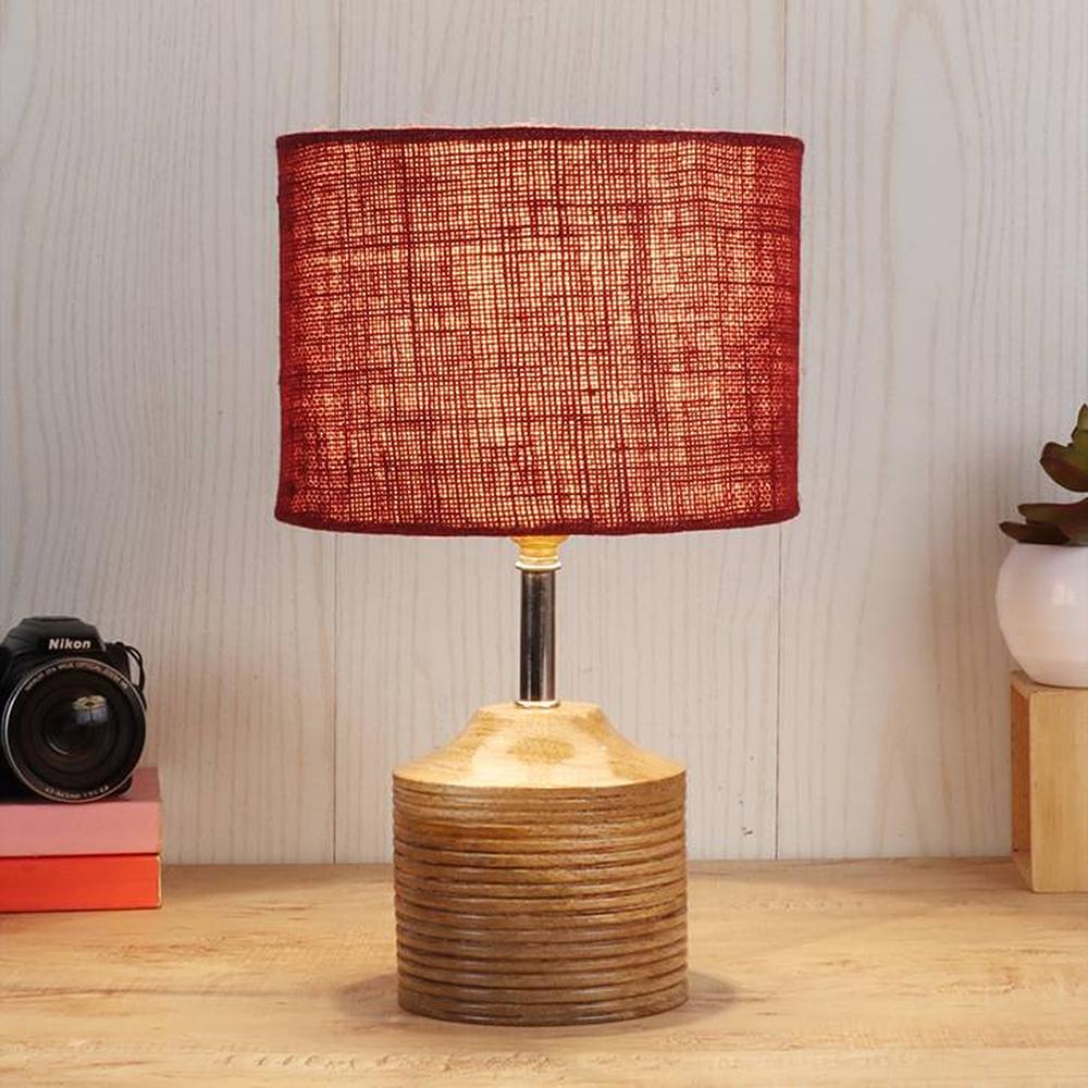 Elizabeth Maroon Natural Fiber Shade Table Lamp with Natural Wooden Base