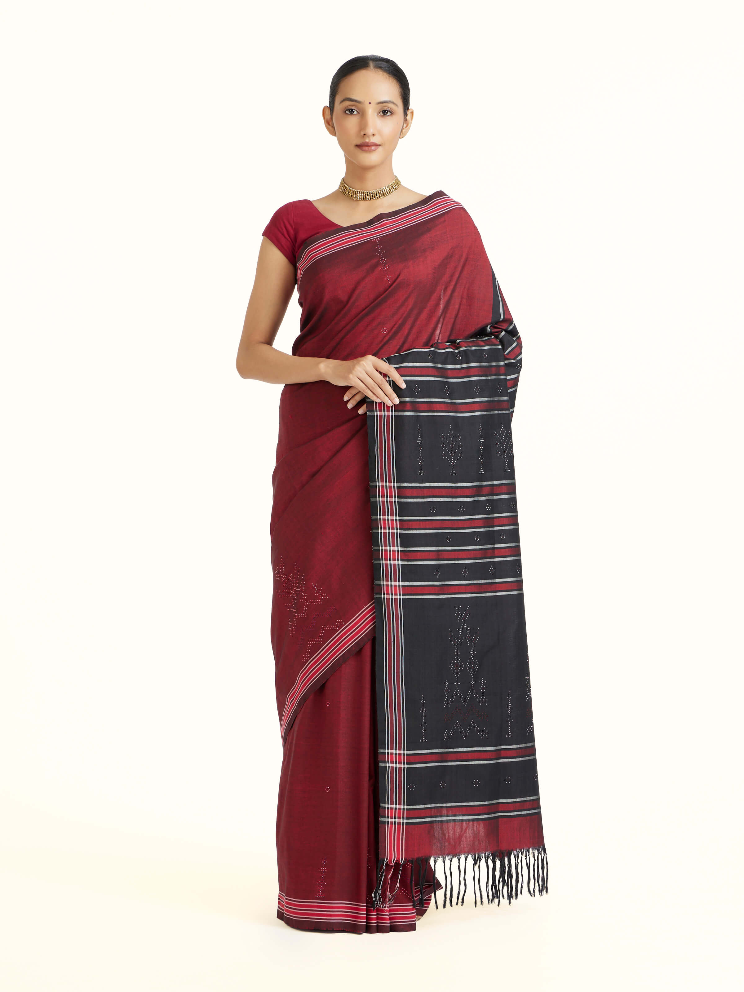 Maroon Cotton Silk Tangalia Saree