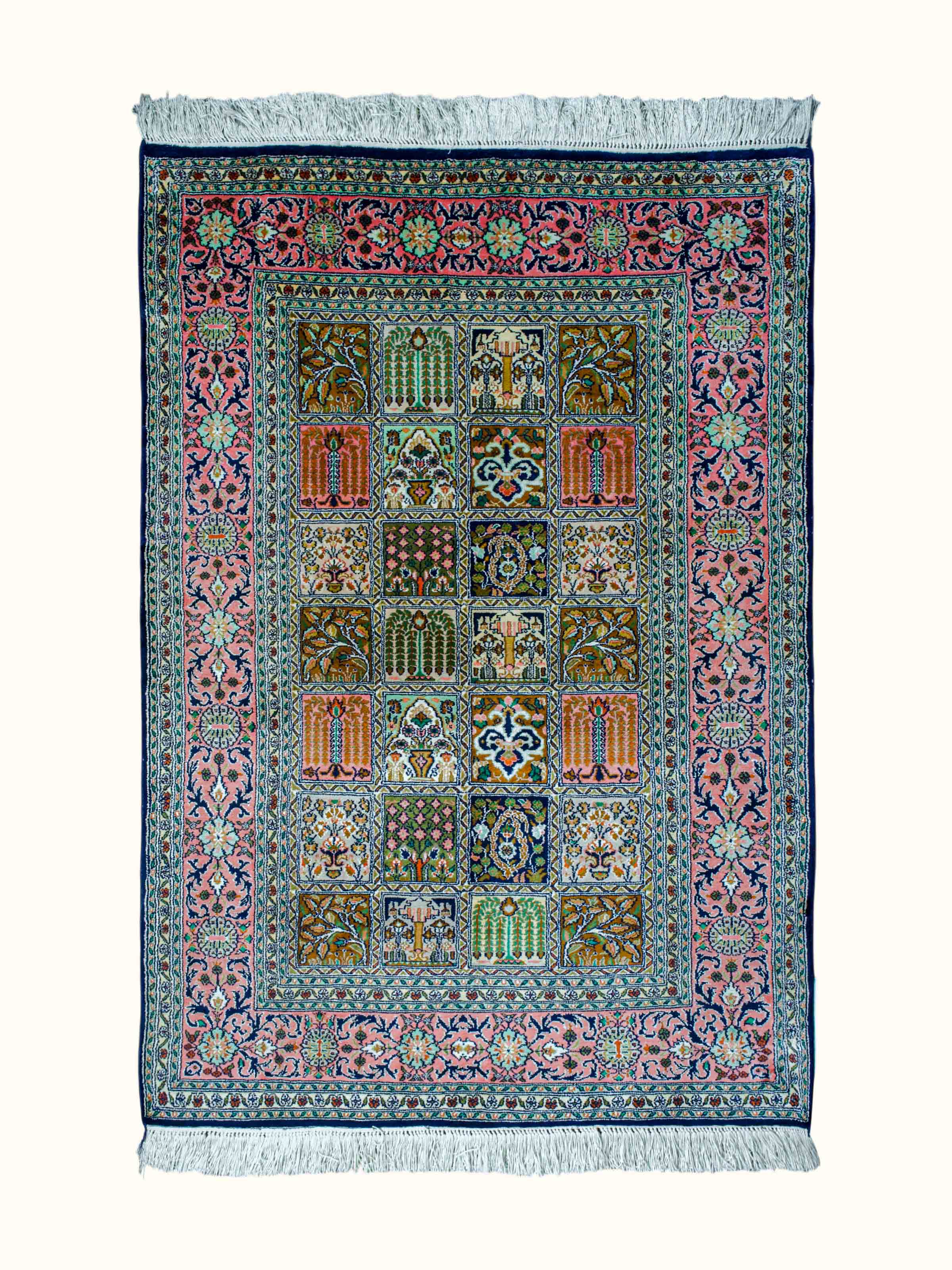 Traditional Persian Pink Dabdar Kashmir Silk Hand-Knotted Carpet