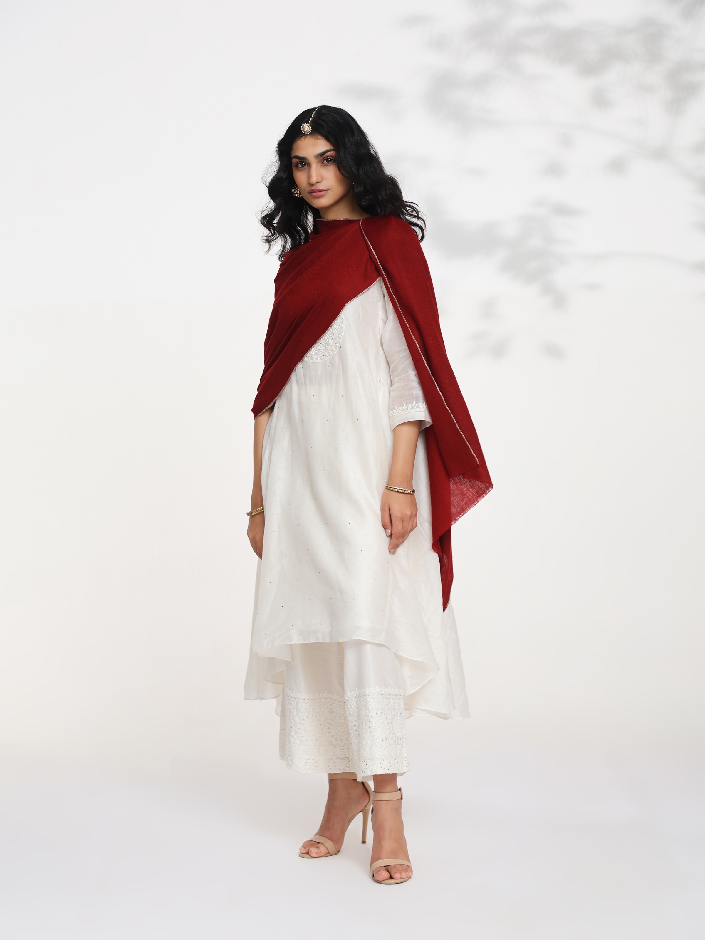 Side view of maroon cashmere kaaj embroidered handwoven stole showcasing fine craftsmanship