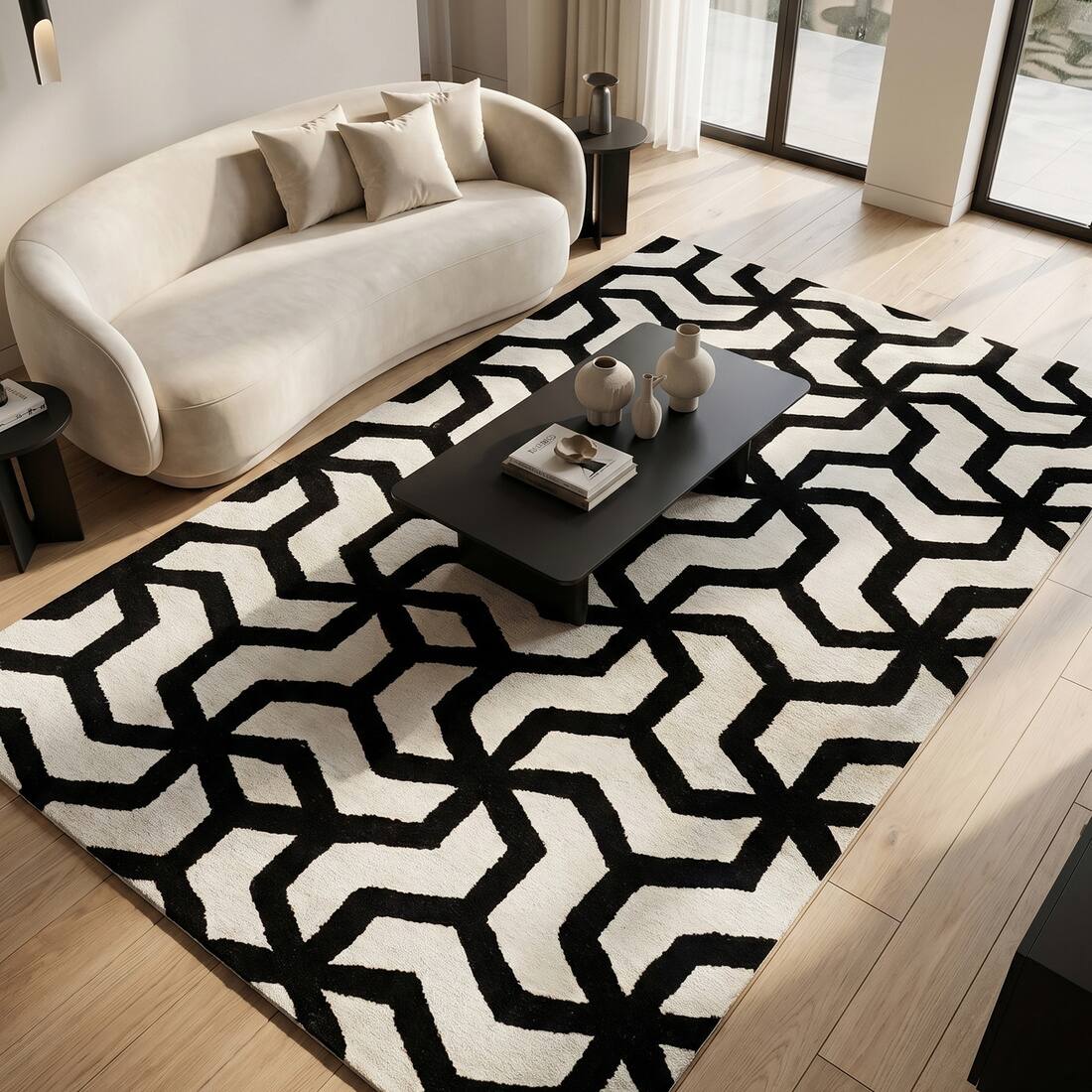 Jaipur Rugs Geometric Wool And Viscose 5x8 Feet Ebony And White Hand Tufted Rug Carpet Style 1