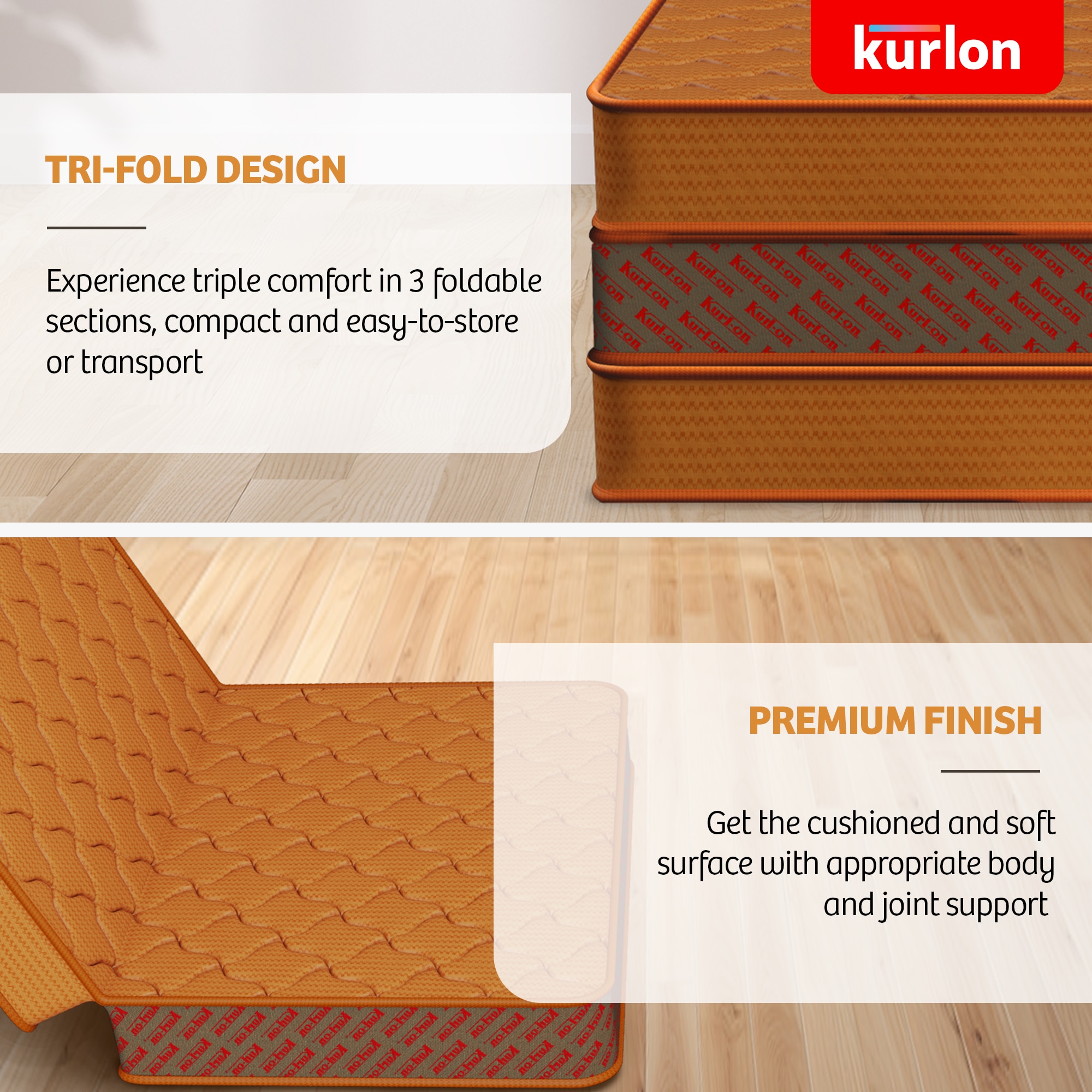 KURLON Aaram Tri-Fold, PU Foam, Compact & Foldable 3 inch Single Coir Mattress (L x W: 72 inch x 35 inch)